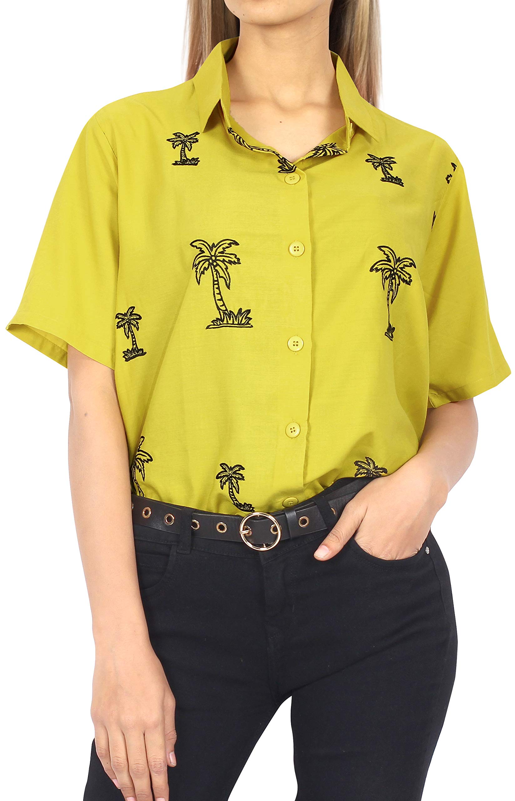 LA LEELA Women's Short Sleeve Hawaiian Blouse - Floral Print Vacation Shirt for Beach, Summer & Casual Outfits