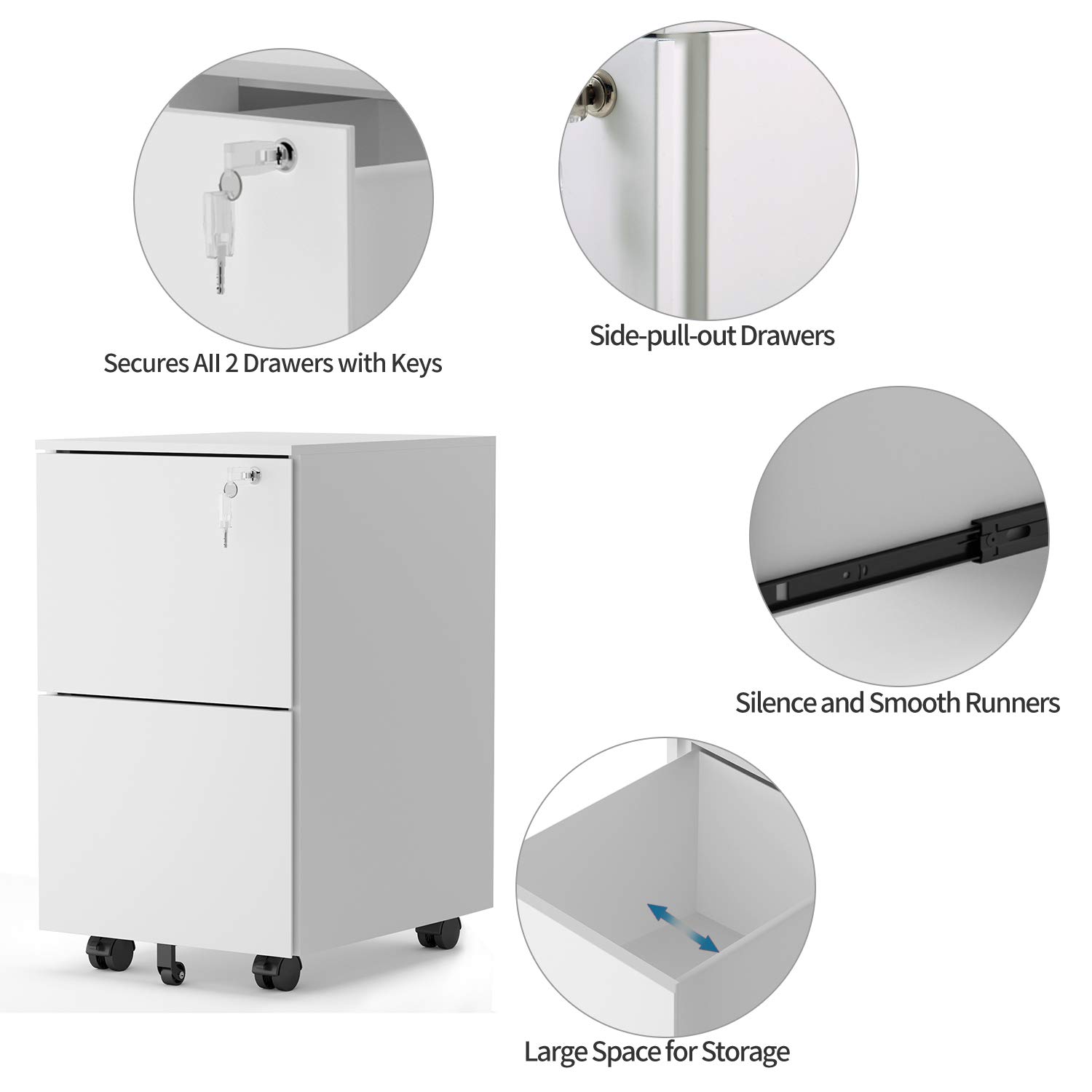 2 Drawer Locking File Cabinet with Wheels - Mobile Metal Filing Cabinet for Home & Office, Steel, White - Perfect for Organizing Documents in Small Spaces & Offices