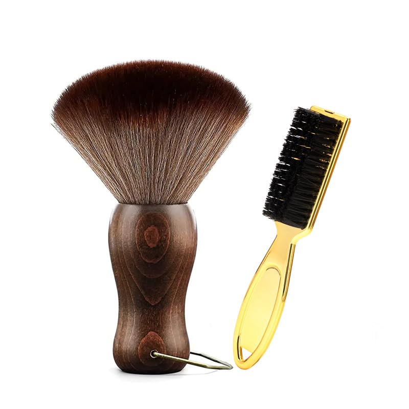 Professional Barber Neck Duster Brush with Wood Handle & Hook - Hair Cutting & Styling Tool for Salon & Home Use (Gold Bristles, Neck Brush) - Perfect for Removing Hair Clippings After Haircuts & Grooming