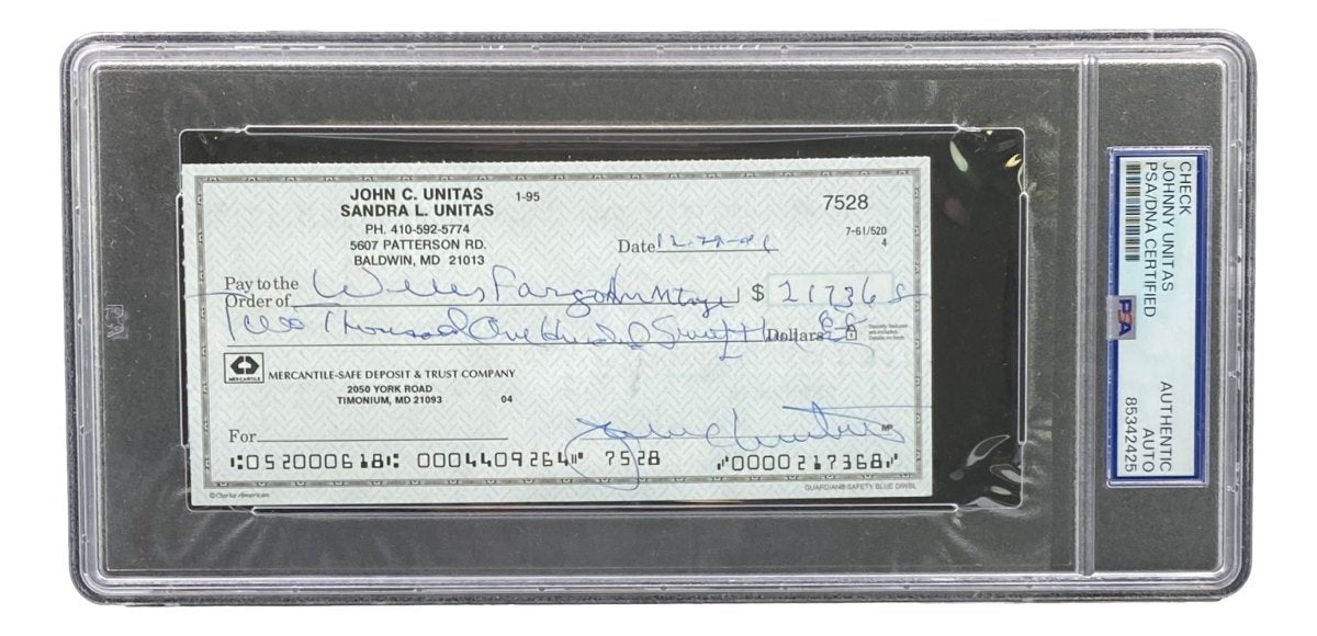 Johnny Unitas Baltimore Colts Autographed Signed Bank Check #7528 PSA Certified - Rare Football Memorabilia for Collectors & Sports Fans Display