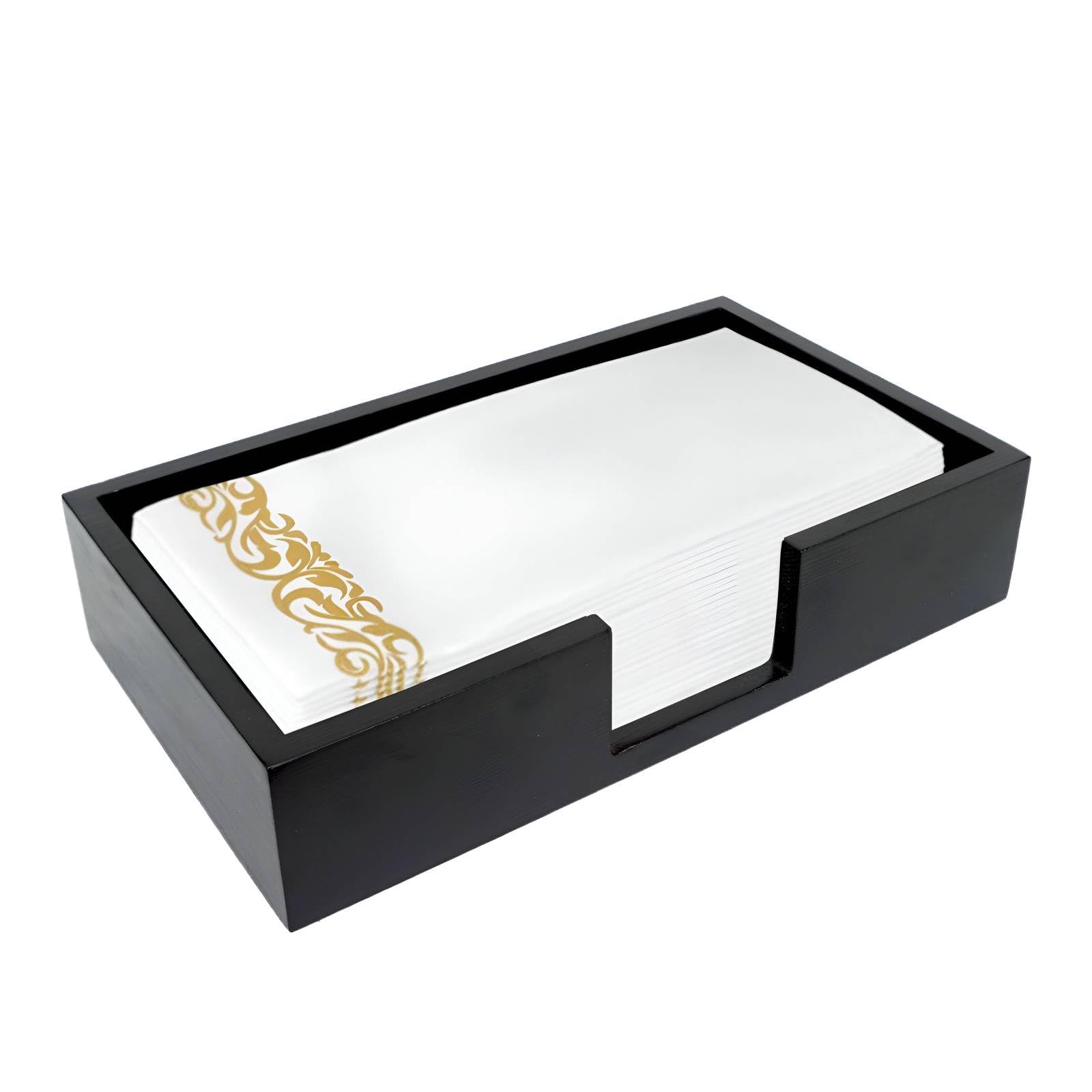 Wooden Paper Towel Holder & Napkin Caddy - Black Rectangular Tray for Disposable Hand Towels, Dinner Napkins - Perfect for Kitchen, Bathroom, Dining Table & Party Buffet Settings