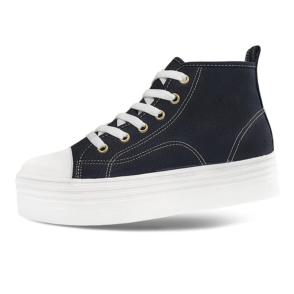 Women's Casual Mid Heel Canvas Sneakers - Comfortable Lace-Up Fashion Shoes for Everyday Wear (Black, Size 8) | Perfect for Walking, Office & Weekend Outfits
