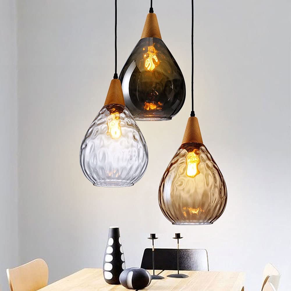 Hammered Glass Pendant Light Fixture - Modern Wood Ceiling Hanging Lamp with E27 Base for Dining Room, Kitchen Island, Bedroom & Bedside Lighting | Rustic Industrial Chandelier for Home Decor