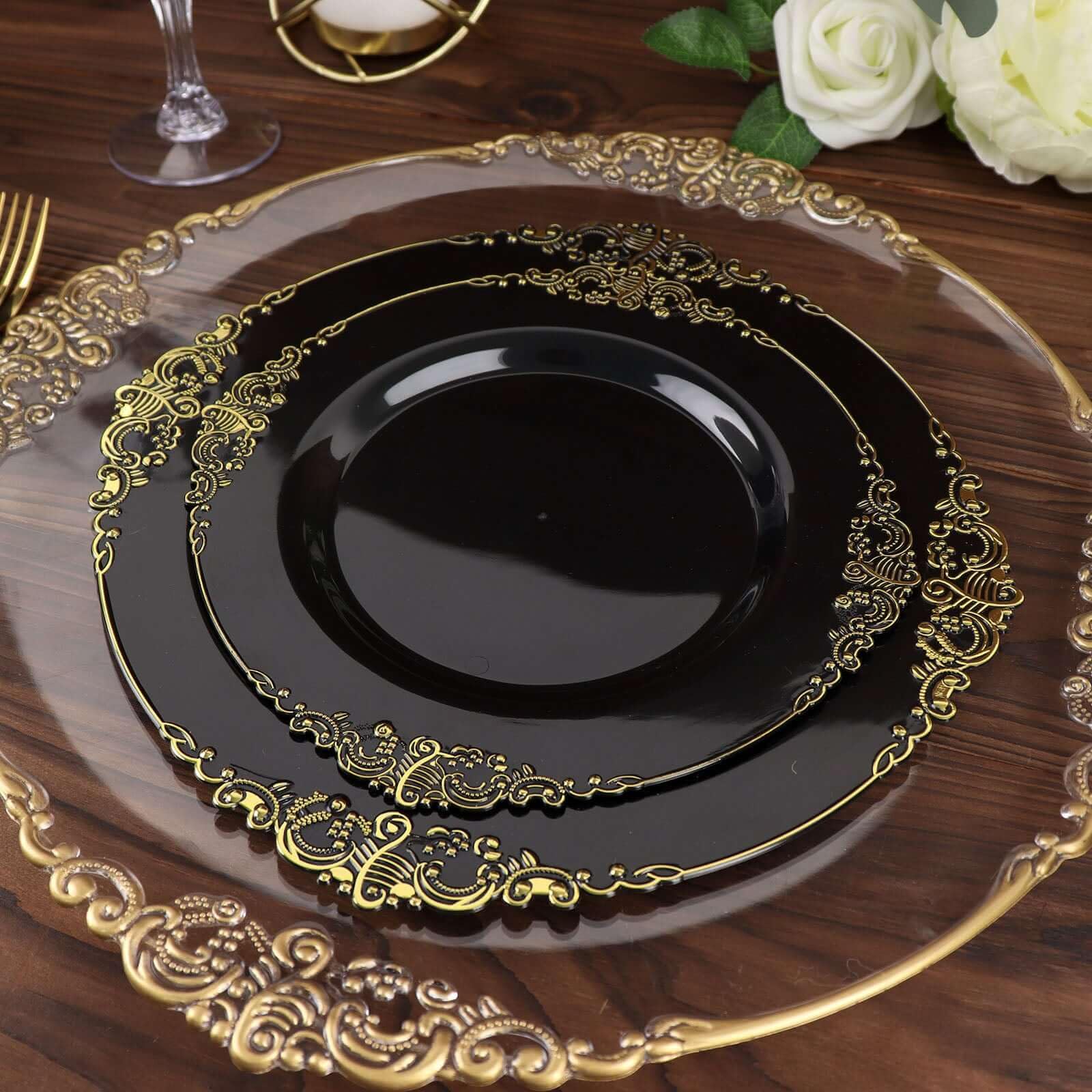 Efavormart 10 Pack Black Gold Baroque 8 Inch Round Plastic Dessert Plates - Elegant Disposable Salad Plates with Leaf Embossed Gold Rim for Parties, Weddings & Special Events