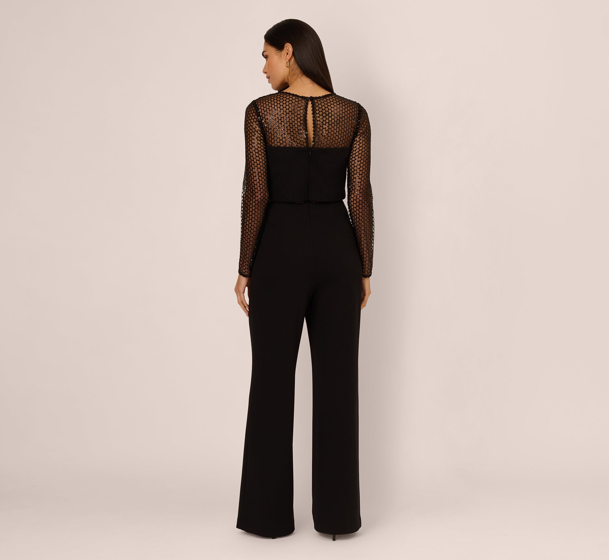 Black Long Sleeve Sequin Mesh Detail Jumpsuit for Women - Elegant Party Outfit & Evening Wear for Special Occasions