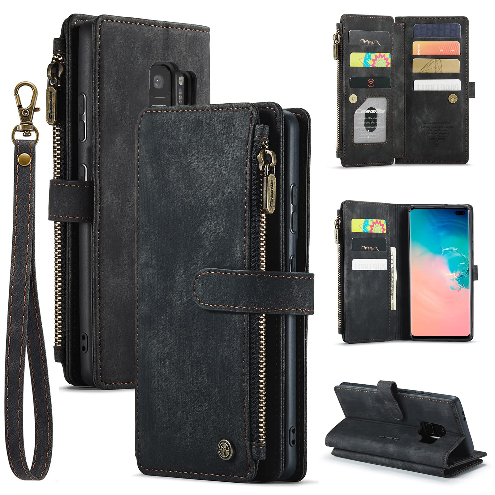 Premium Vintage PU Leather Wallet Case for Samsung Galaxy S9 - Magnetic Closure, Card Slots, Money Pocket, Wrist Strap & Kickstand | Shockproof Flip Cover for Everyday Protection | Perfect for Work, Travel & Outdoor Activities (Black)