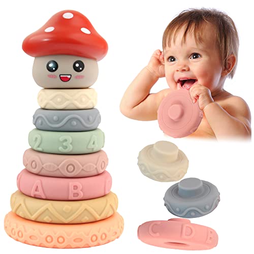 8PCS Montessori Baby Toys for 0-12 Months - Soft Mushroom Teething & Stacking Sensory Toys for Toddlers 1-3 Years | Early Educational Learning Stacker for Infant Development | Perfect for Nursery, Daycare & Travel Playtime