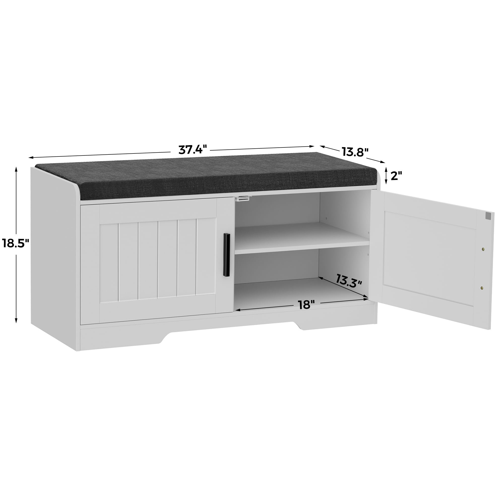 2-Tier Storage Bench with Thickened Padded Seat Cushion - Entryway Shoe Bench with 2 Doors & Adjustable Shelf (13.8