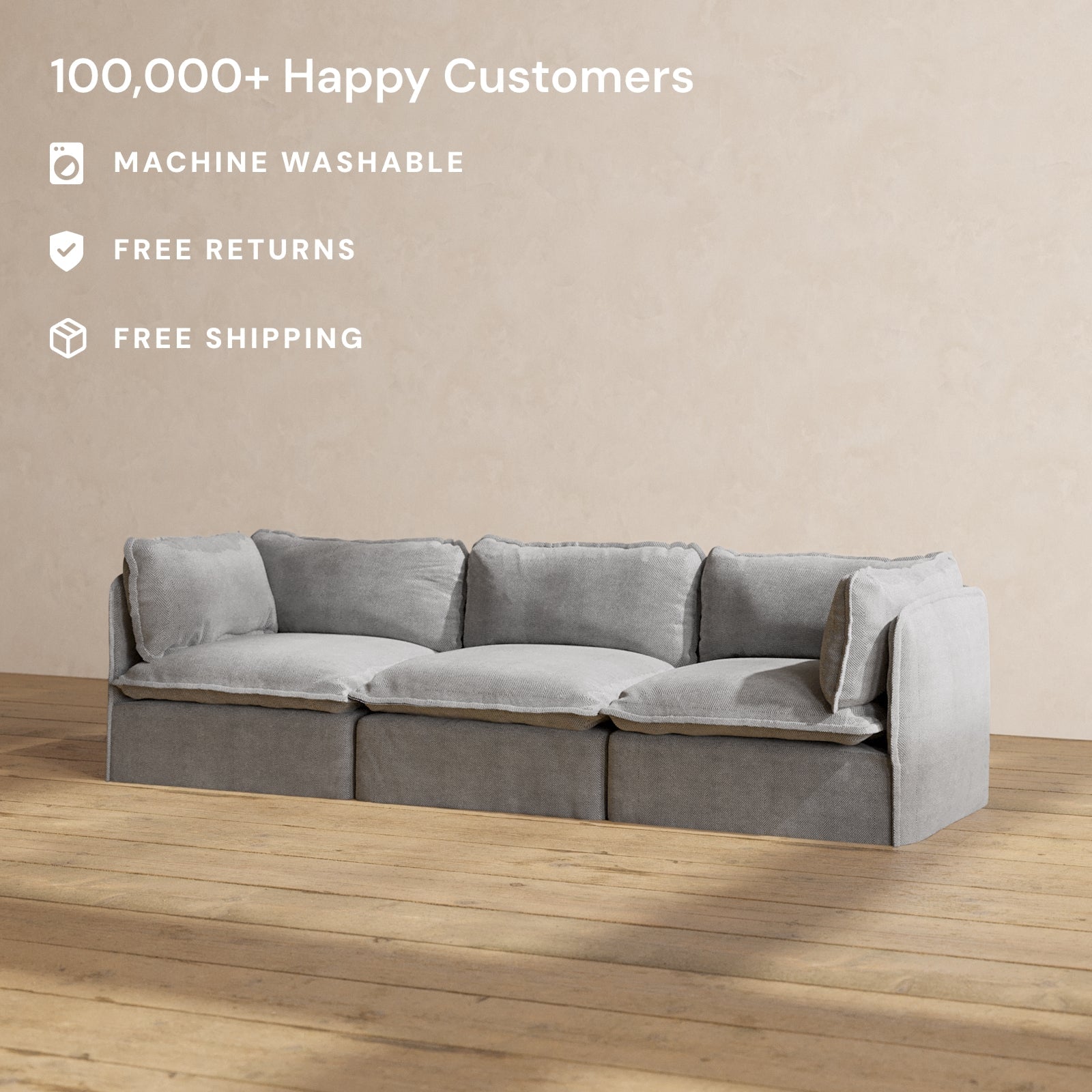 Premium Modular 3-Seater Sofa in Ash Gray | Modern Sectional Couch for Living Room, Lounge & Family Room | Comfortable Blend Fabric for Relaxation & Entertainment
