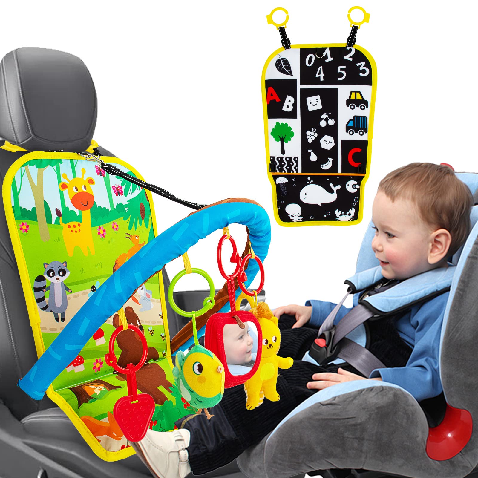 Teytoy Adjustable Baby Car Seat Toys for Infants 0-6 Months - Double-Sided Sensory Hanging Toy with Mirror, Rattle & Teether - Perfect for Rear-Facing Car Seats & Stroller Entertainment