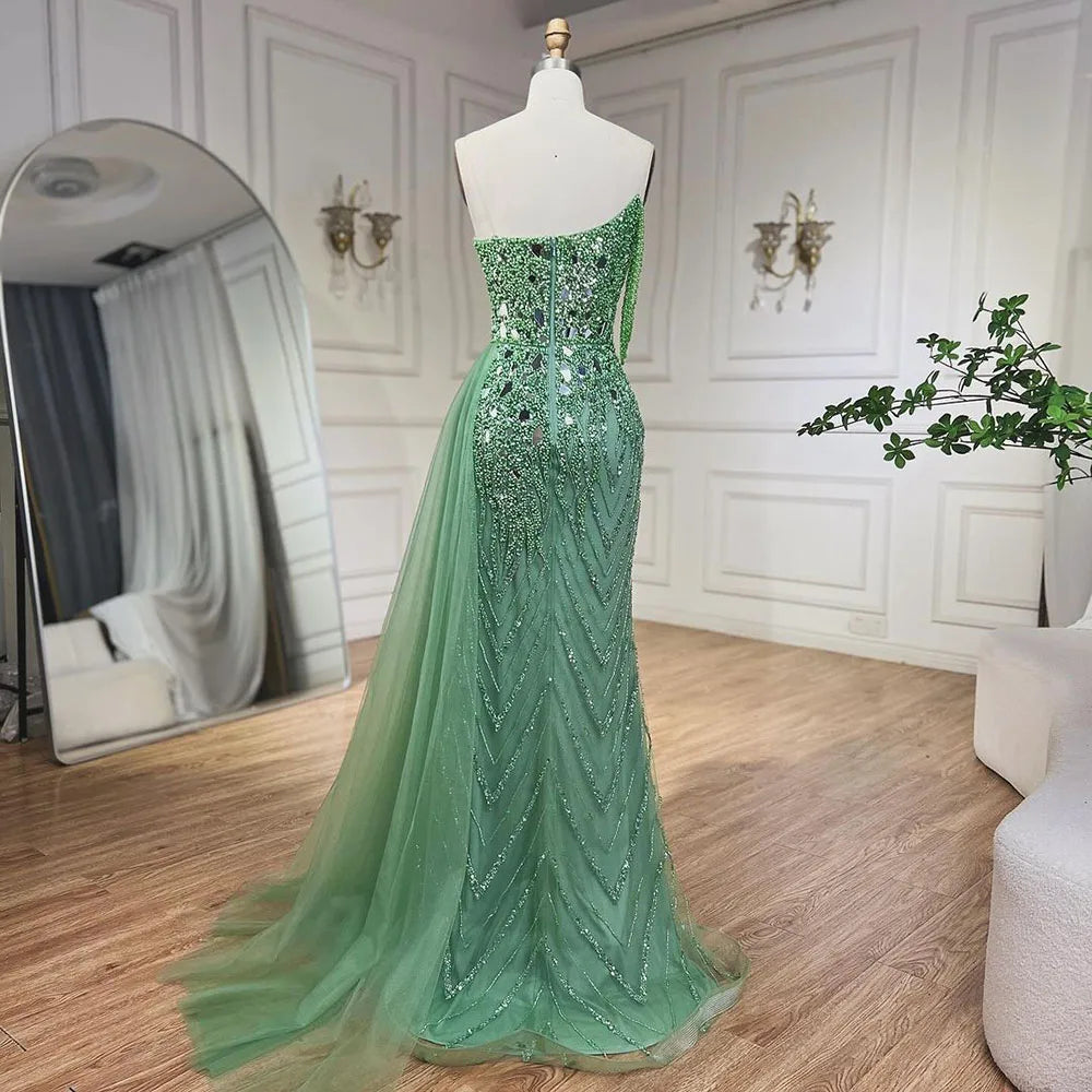 Elegant Green Mermaid Evening Gown with Spaghetti Straps & High Slit - Beaded Sequined Party Dress for Women 2025 | Perfect for Prom, Gala & Formal Events - LA72212