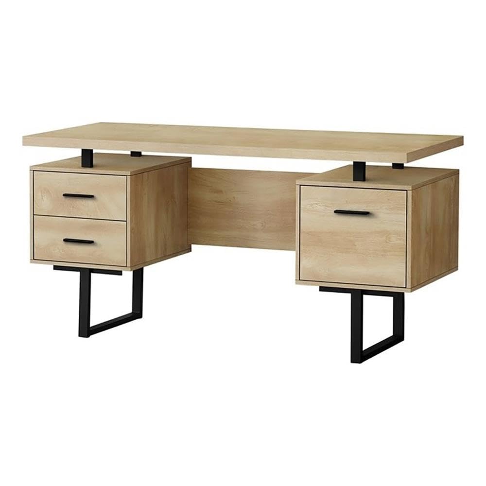 Pemberly Row 60-Inch Modern Wooden Home Office Desk with Laptop Storage Drawers - Natural Finish | Perfect for Remote Work & Small Space Home Offices