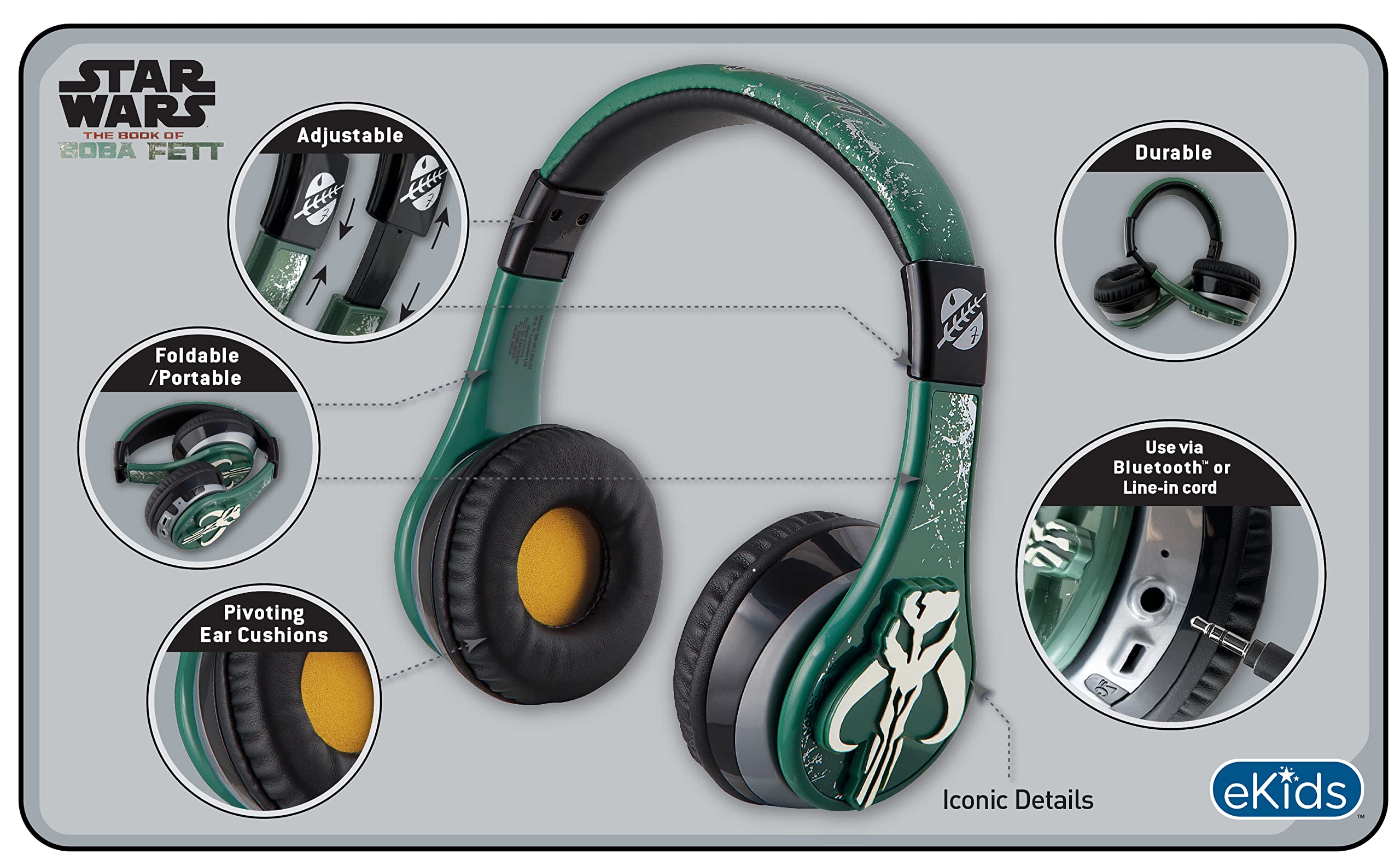 eKids Book of Boba Fett Bluetooth Headphones for Kids - Wireless Over-Ear Headset with Built-in Mic & AUX Cable - Lightweight Comfort for School, Home, Travel - Perfect for Online Classes, Gaming & Movie Watching