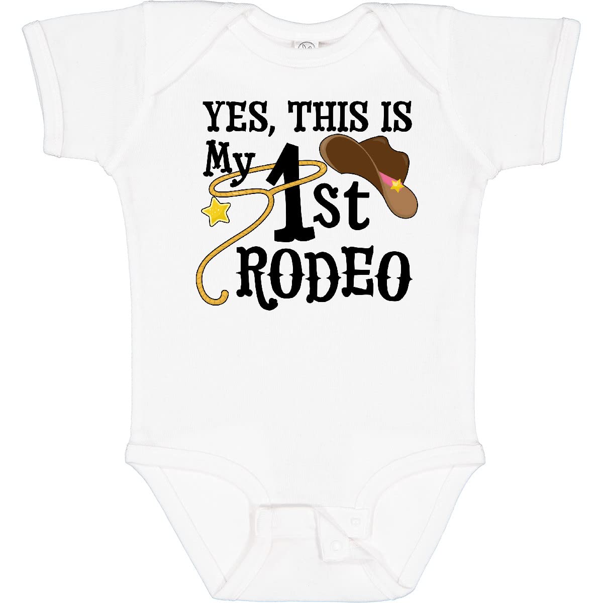 Inktastic 'Yes, This Is My 1st Rodeo' Cowboy Hat with Pink Band Baby Bodysuit - Cute Western Outfit for Rodeo, Cowboy Theme Party & Photo Shoots