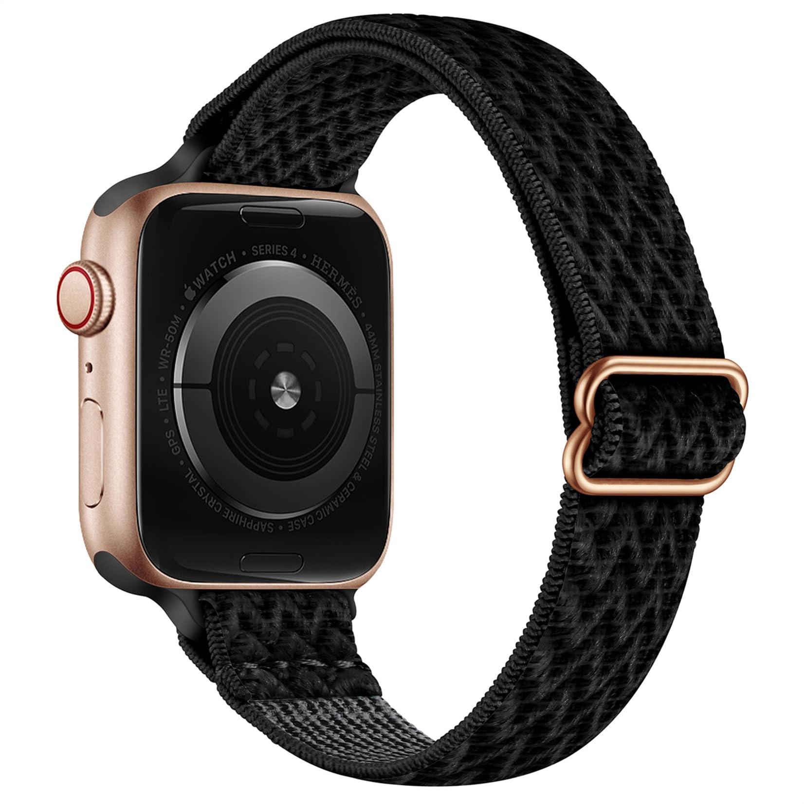 SICCIDEN Slim Stretchy Nylon Watch Band Compatible with Apple Watch Series 10/9/8/7/6/5/4/3/2/1 & Ultra 2/1 - 42mm/44mm/45mm/46mm/49mm - Women's Elastic Thin Strap (Dark Black/Rose Gold) | Perfect for Workouts, Running & Everyday Wear