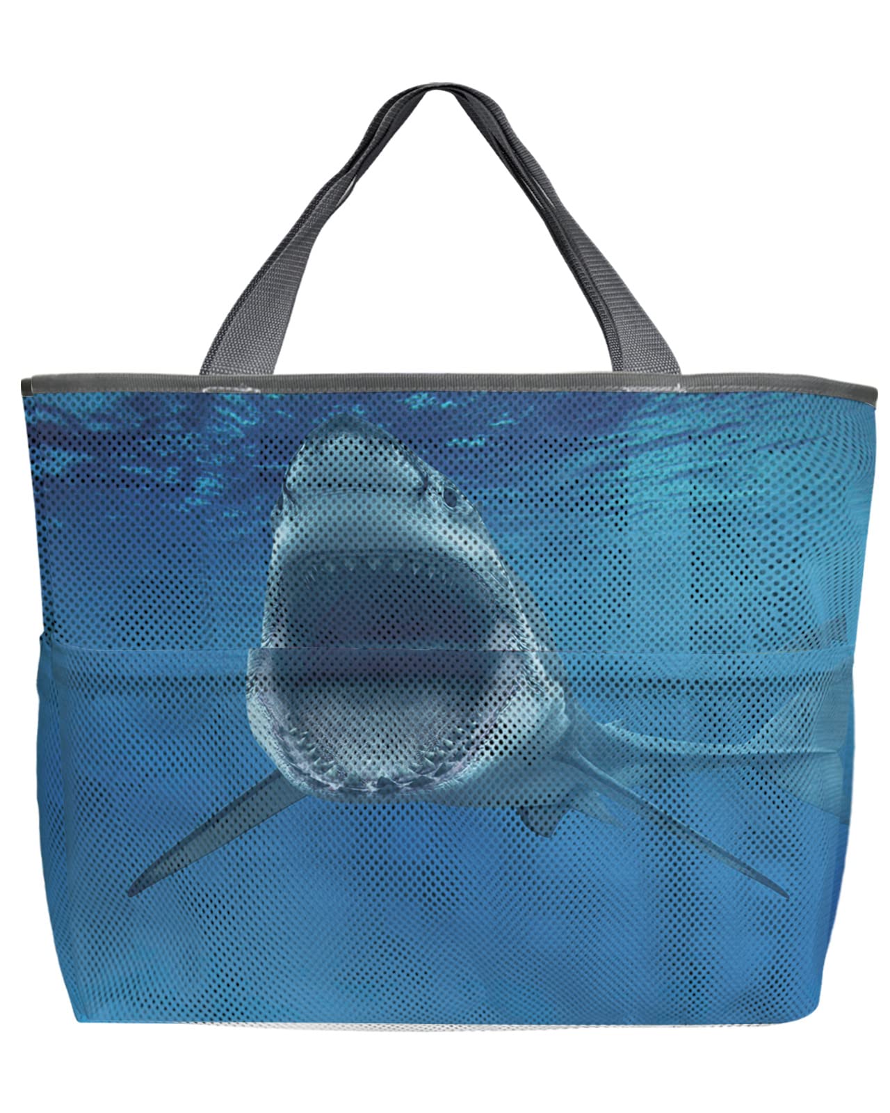 Mesh Beach Tote Bag - 60L Oversized Shark Design with Pockets | Quick-Dry Swim Bag for Pool & Beach | Lightweight Foldable Storage (24x16x9in) | Perfect for Groceries, Toys & Ocean Adventures