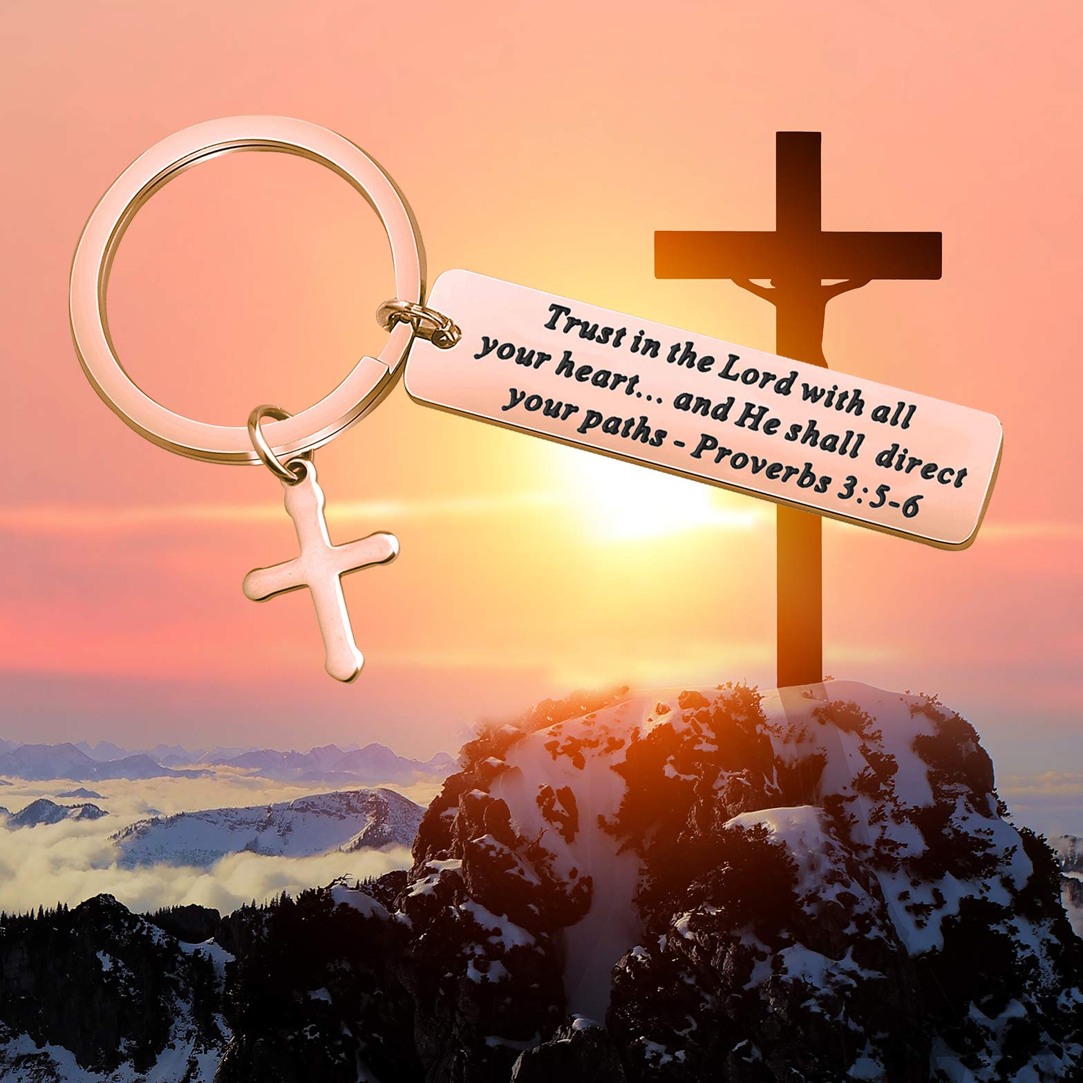 BEKECH Christian Keychain - Trust in The Lord Proverbs 3:5-6 Bible Verse Cross Charm, Religious Jewelry Gift for Baptism, Confirmation & Daily Inspiration (Ideal for Church Events & Spiritual Encouragement)