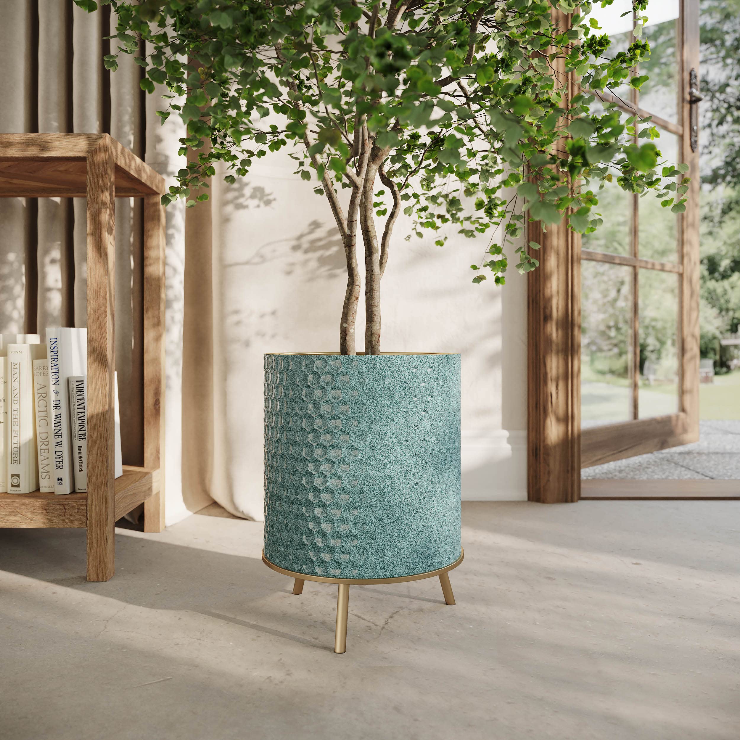 EverNest Mid-Century Modern Rhys Honeycomb Embossed Planter Pot with Nyra Gold Stand - Set of 3 Metal Indoor Plant Pots in Blue Green Bohemian Style for Living Room, Office & Home Decor