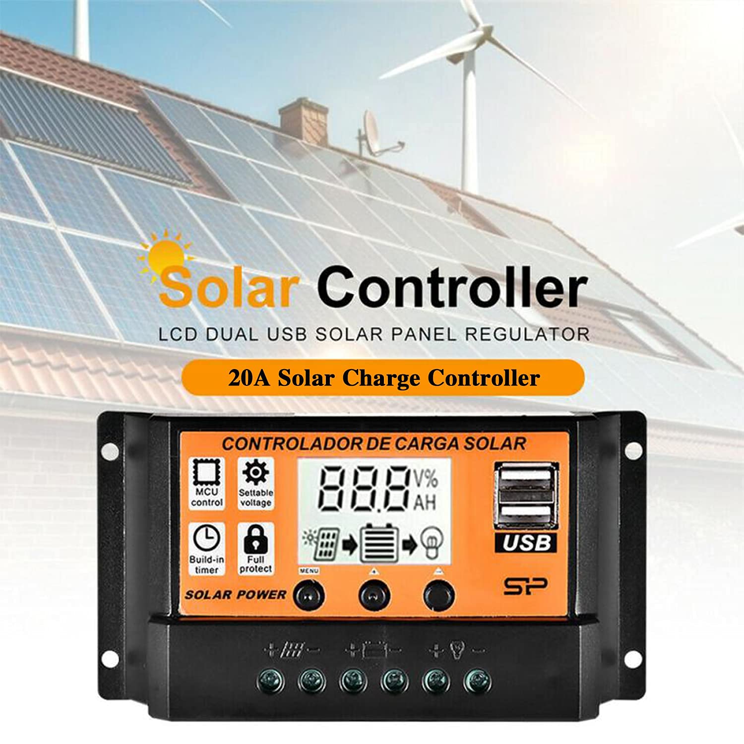20A Solar Charge Controller with Dual USB Ports - 12V/24V PWM Auto Adjustable LCD Display - Intelligent Solar Panel Regulator for RV, Boat, Off-Grid & Home Solar Systems