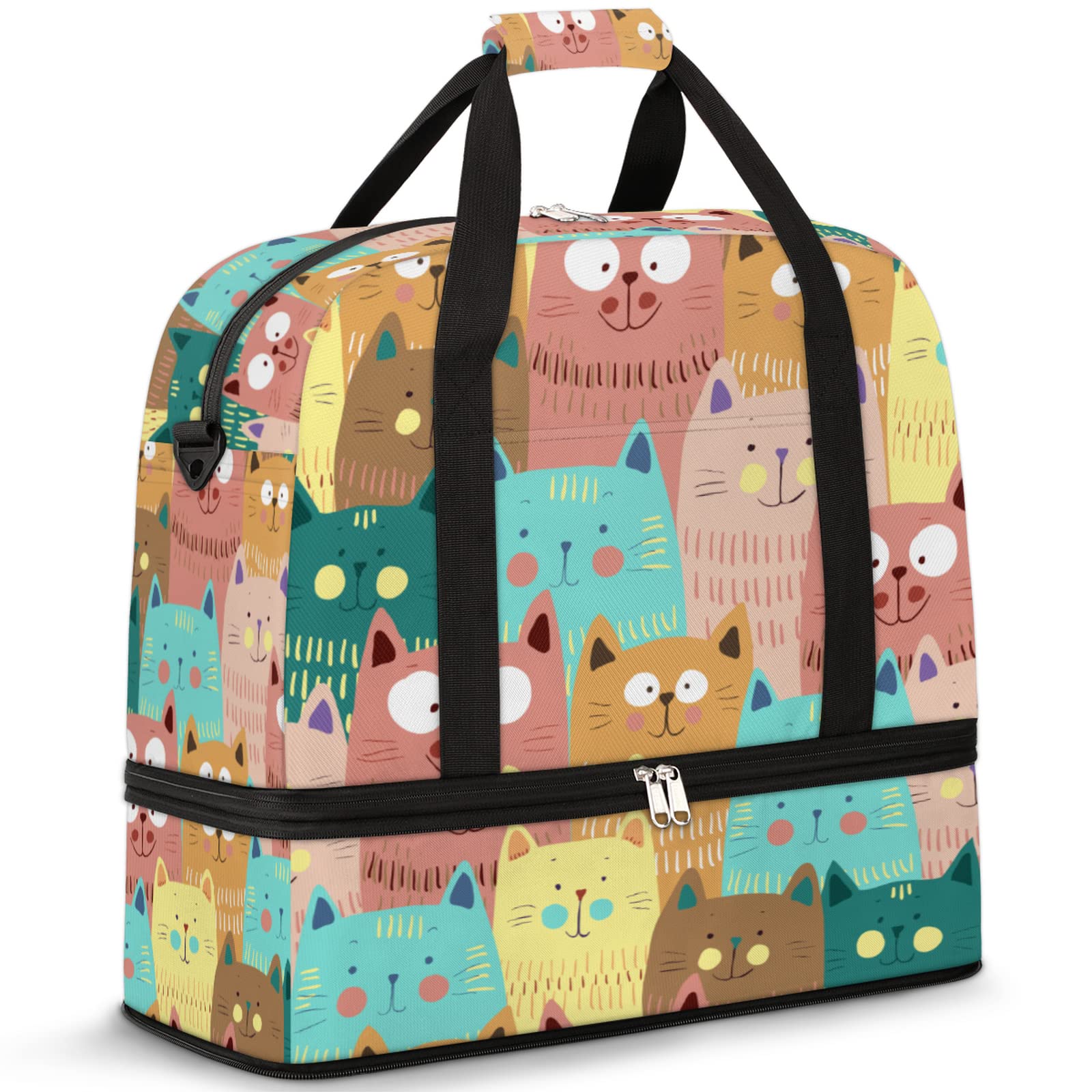 Waterproof Cat Print Sports Duffle Bag with Shoe Compartment - Lightweight Travel Gym Bag for Men & Women - Perfect for Weekend Trips, Workouts & Overnight Stays