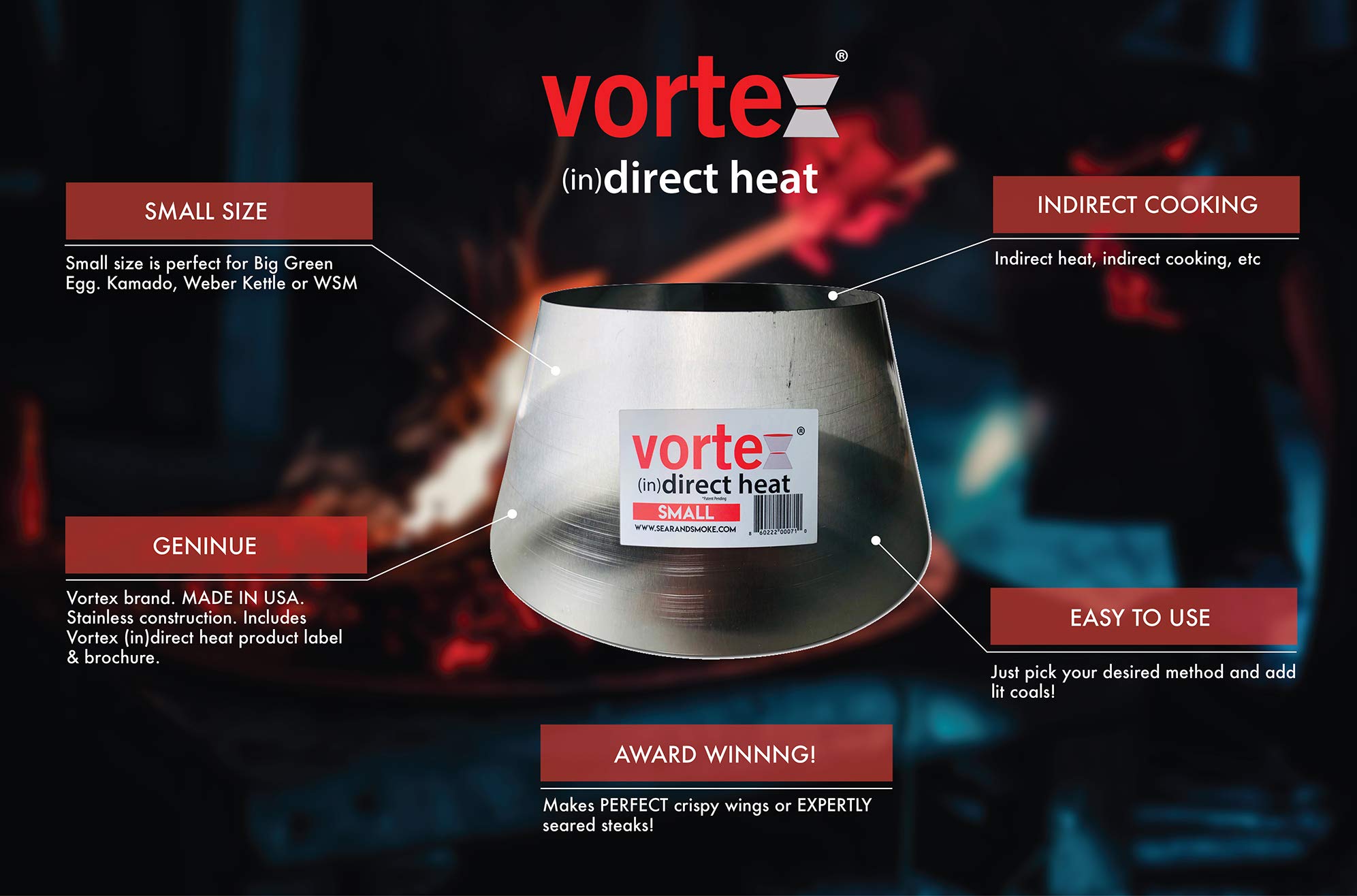 Vortex Small Direct Cooking Charcoal Grill BBQ Accessory Cone for Weber Smokey Mountain WSM (18.5 & 22.5 Inch) | Stainless Steel | Genuine USA Made | Perfect for Smoking, Grilling & Outdoor Cooking