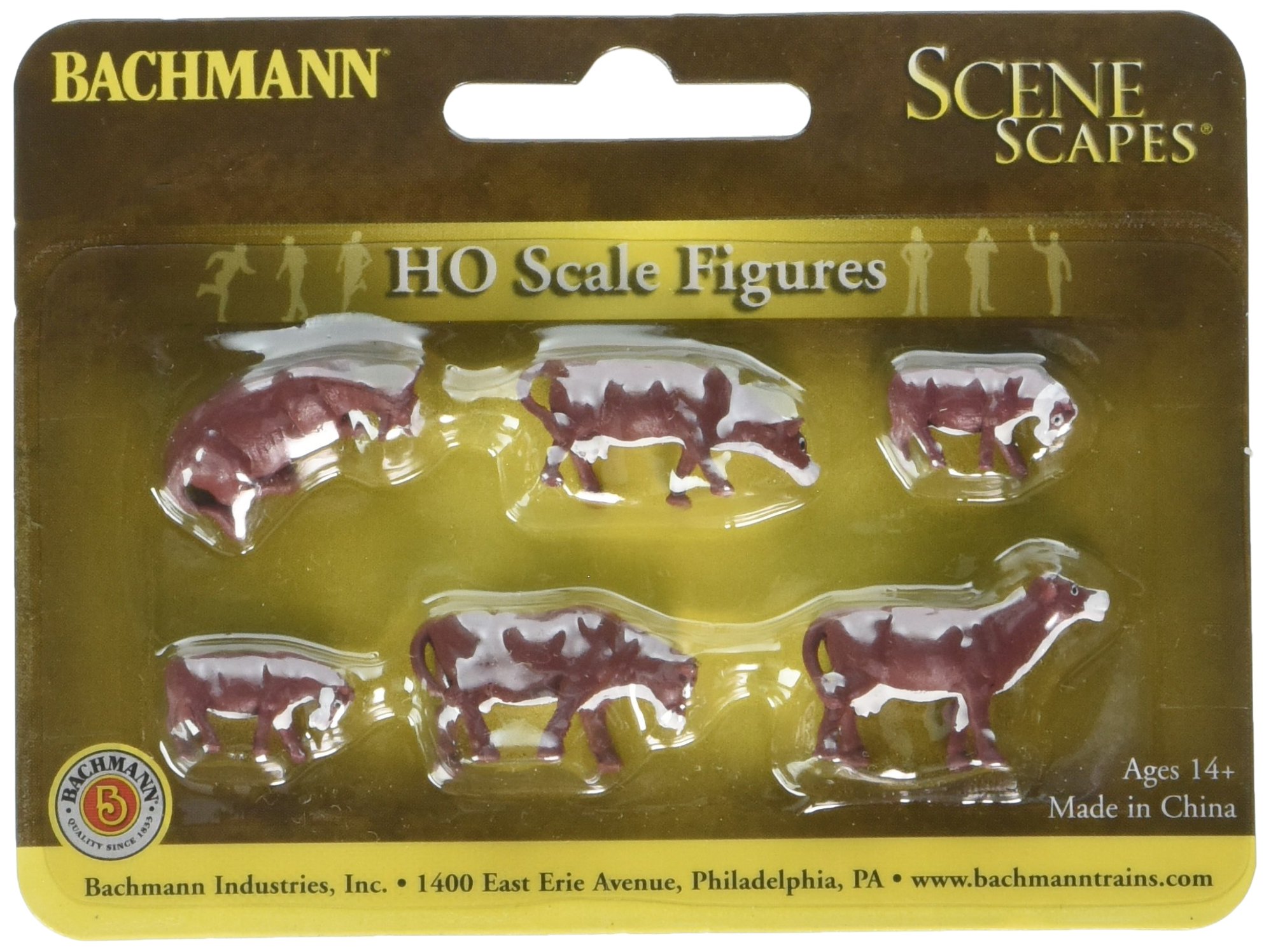 Bachmann Trains HO Scale Brown & White Cow Figures (6pcs) - Realistic Farm & Railroad Scenery Animals for Model Train Layouts