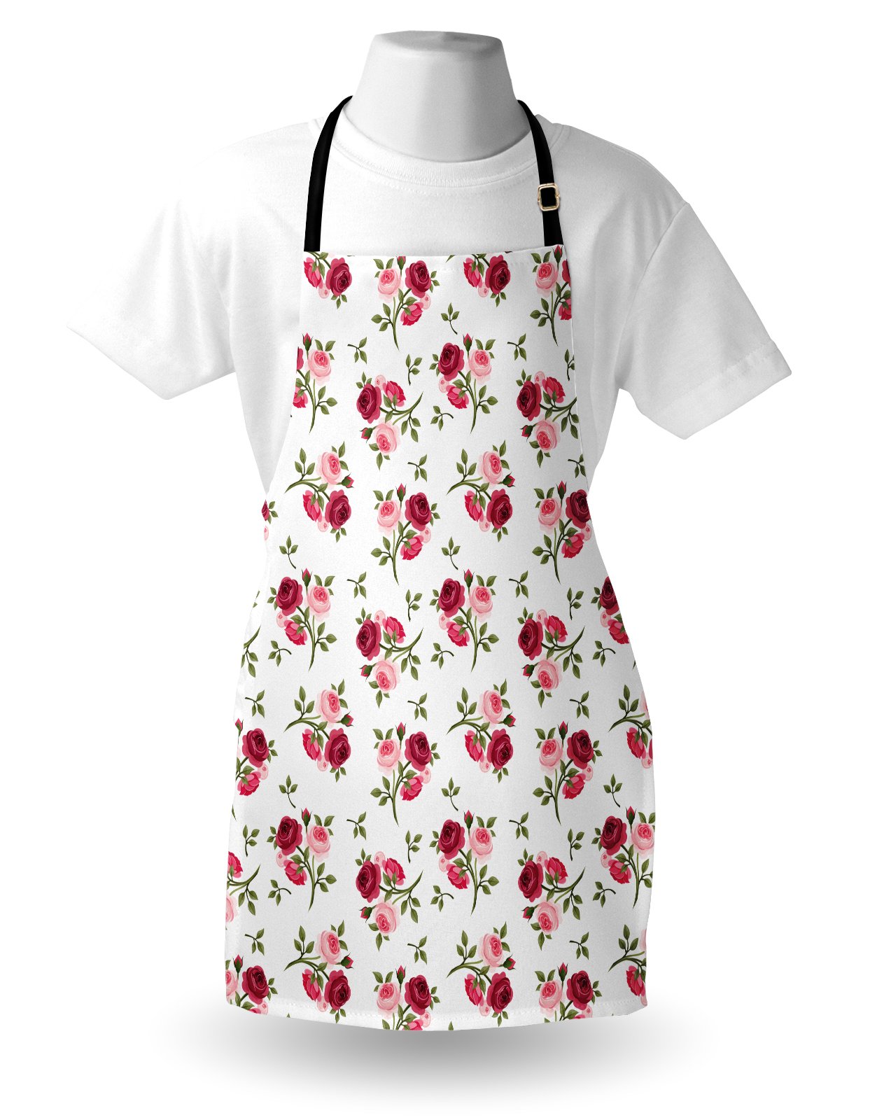 Lunarable Unisex Adjustable Kitchen Apron - Classic English Rose Garden Design in Pale Pink & Fern Green for Cooking, Baking, Gardening | Perfect for Home Chefs, Bakers & Outdoor Enthusiasts
