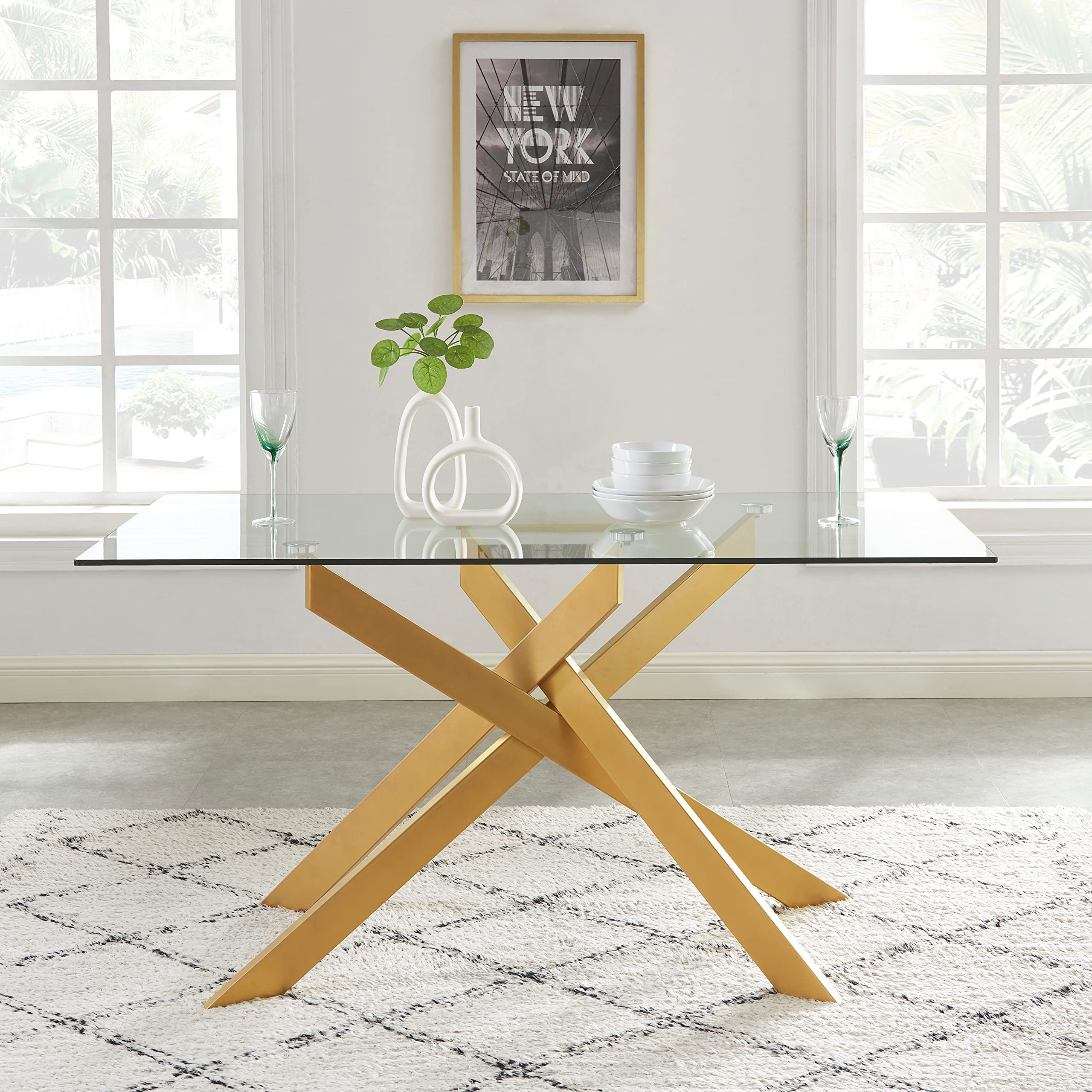 58.5 Inch Modern Rectangular Glass Dining Table - Tempered Glass Top with Gold Metal Tubular Legs - Perfect for Kitchen, Dining Room & Small Spaces (58.5