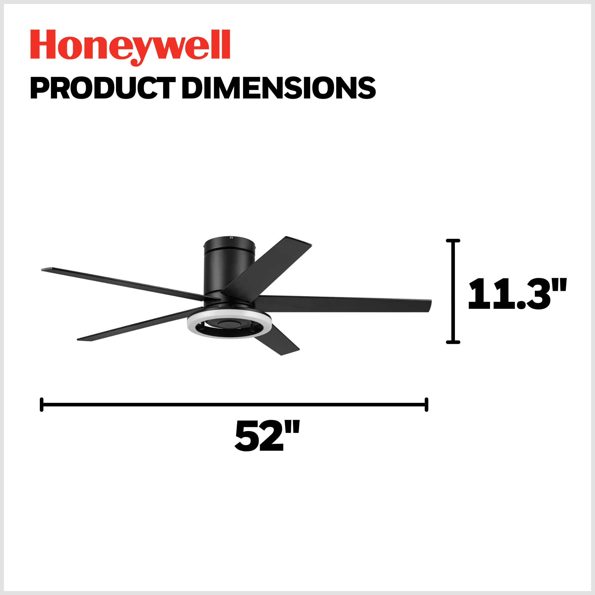 52 Inch Honeywell Graceshire Matte Black Ceiling Fan with LED Ring Light & Remote Control - Perfect for Living Room, Bedroom, and Outdoor Patio Cooling