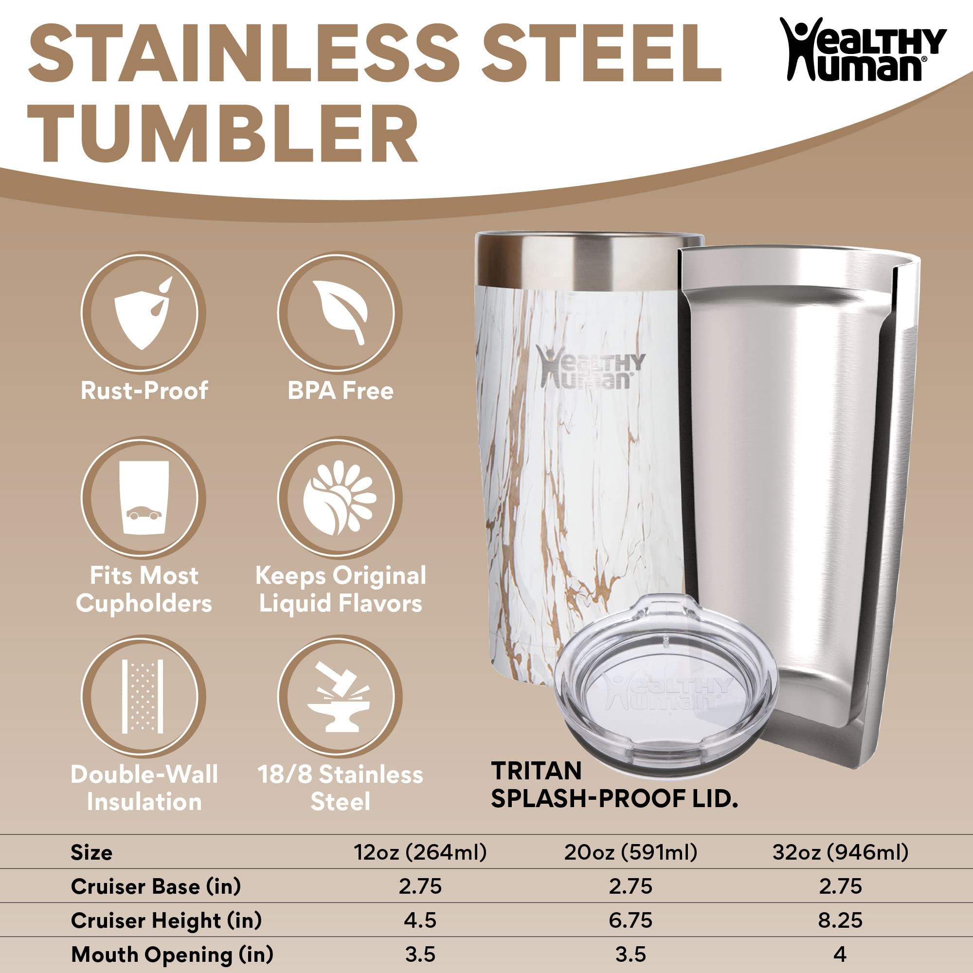 Healthy Human Stainless Steel Tumbler with Straw - 12oz Insulated Travel Mug, Splash Proof & Eco-Friendly Coffee Cup with Cleaning Brush (Stone Gold) | Perfect for Office, Gym, Hiking & Outdoor Activities