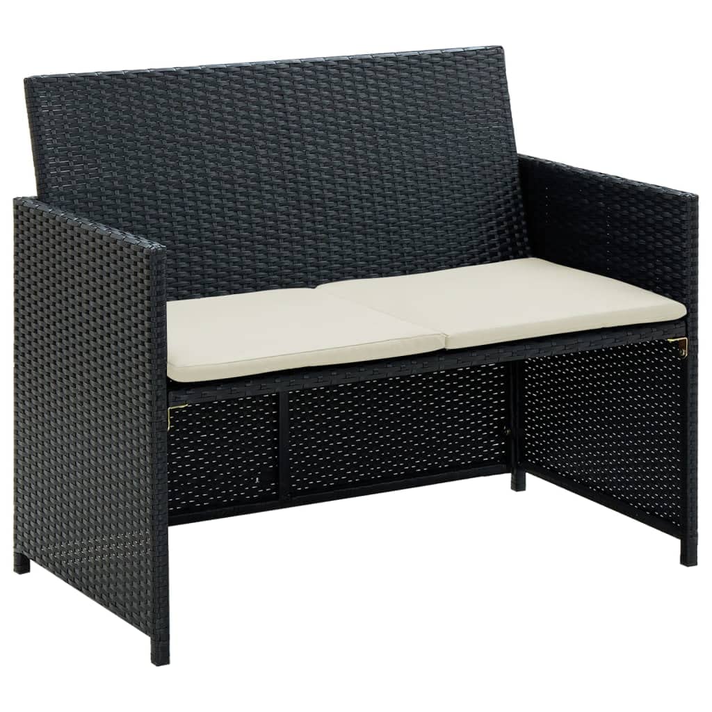 2 Seater Patio Sofa with Cushions - Black Poly Rattan Outdoor Furniture Set for Garden, Balcony, Poolside - Weather Resistant & Comfortable (Black 10.6g)