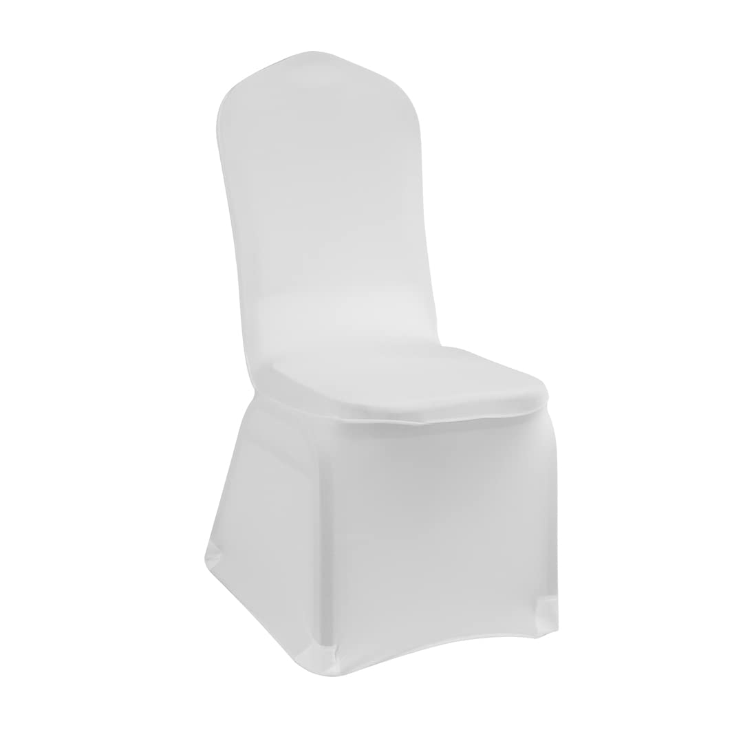 Restaurantware Table Tek 14 x 14 Inch Spandex Chair Covers - 10 Pack Universal Stretch Banquet Chair Covers, Washable Wrinkle-Free White Polyester Seat Covers for Weddings, Parties & Events - Perfect for Home, Restaurant & Hotel Decor