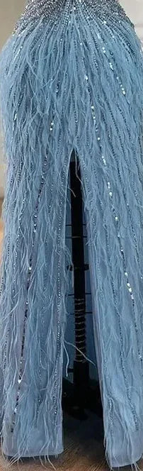 Serene Hill Luxury Beaded Feather Beige High Slit Mermaid Evening Dress for Women - Backless Formal Gown for Prom, Wedding, Red Carpet & Special Occasions