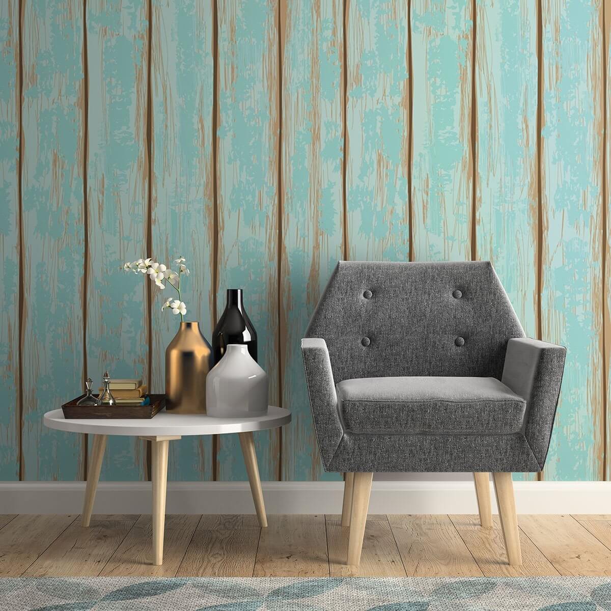 Turquoise Faux Wood Peel and Stick Removable Wallpaper 8825 - Self-Adhesive Decorative Wall Covering for Bedroom, Living Room & Office