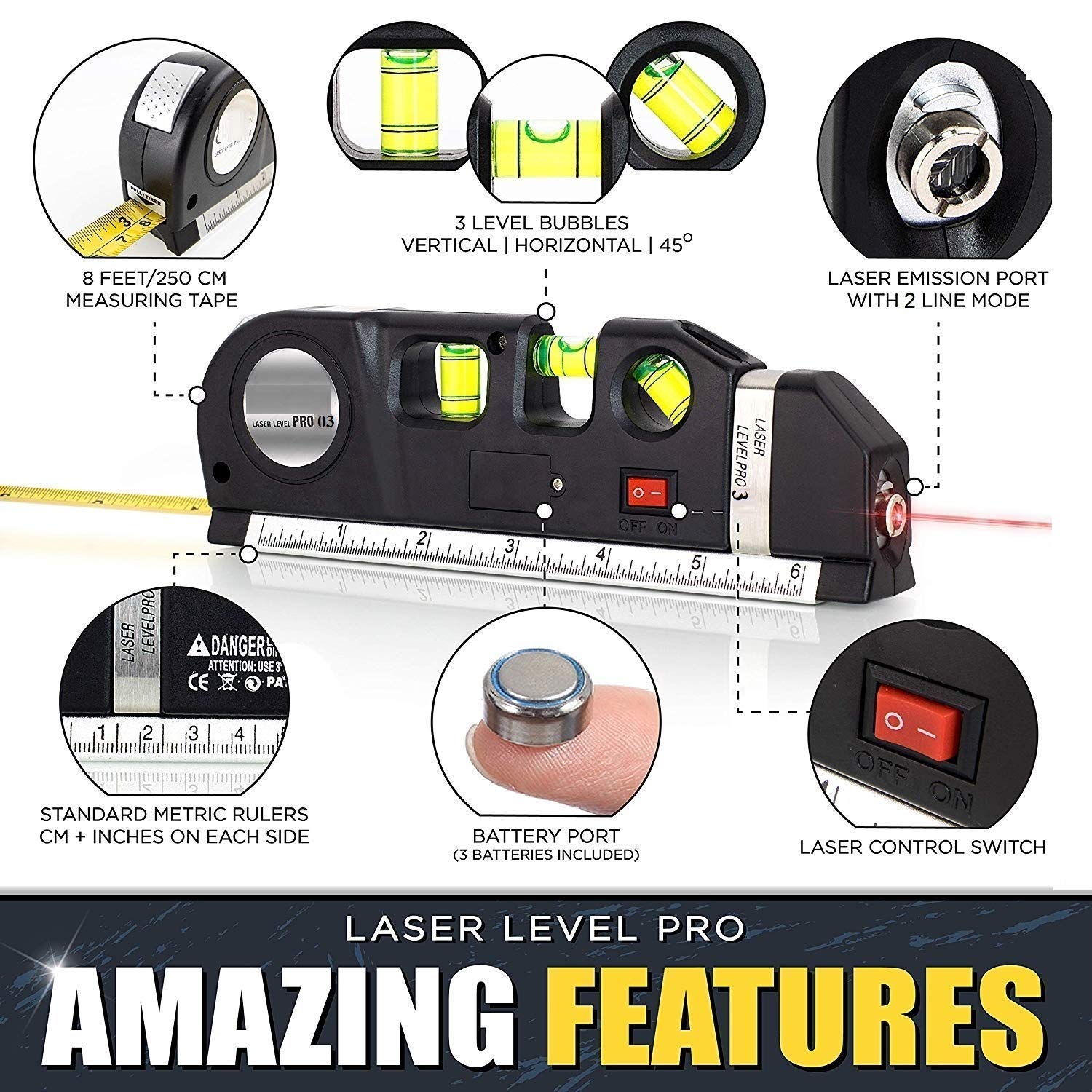 KARTCITY Multipurpose Laser Level - 360° Horizontal & Vertical Alignment with Bubble Vials & Measuring Tape - Perfect for Construction, DIY Projects, and Home Renovations