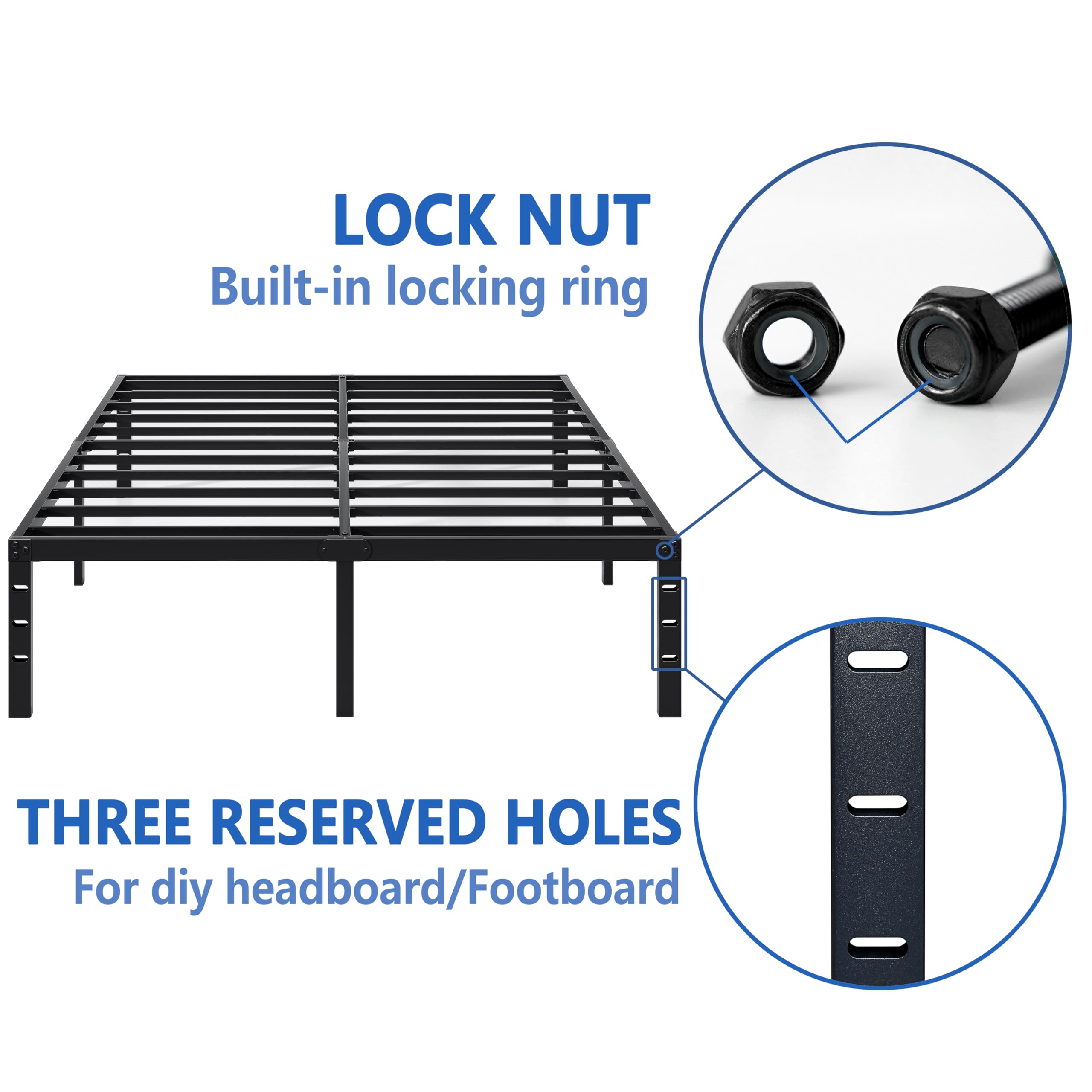 Queen Size Metal Bed Frame with Storage Space - Heavy Duty Sturdy Mattress Foundation, Easy Assembly, No Box Spring Needed - 18 Inch Black Bed Frame for Master Bedroom, Guest Room & Dorm
