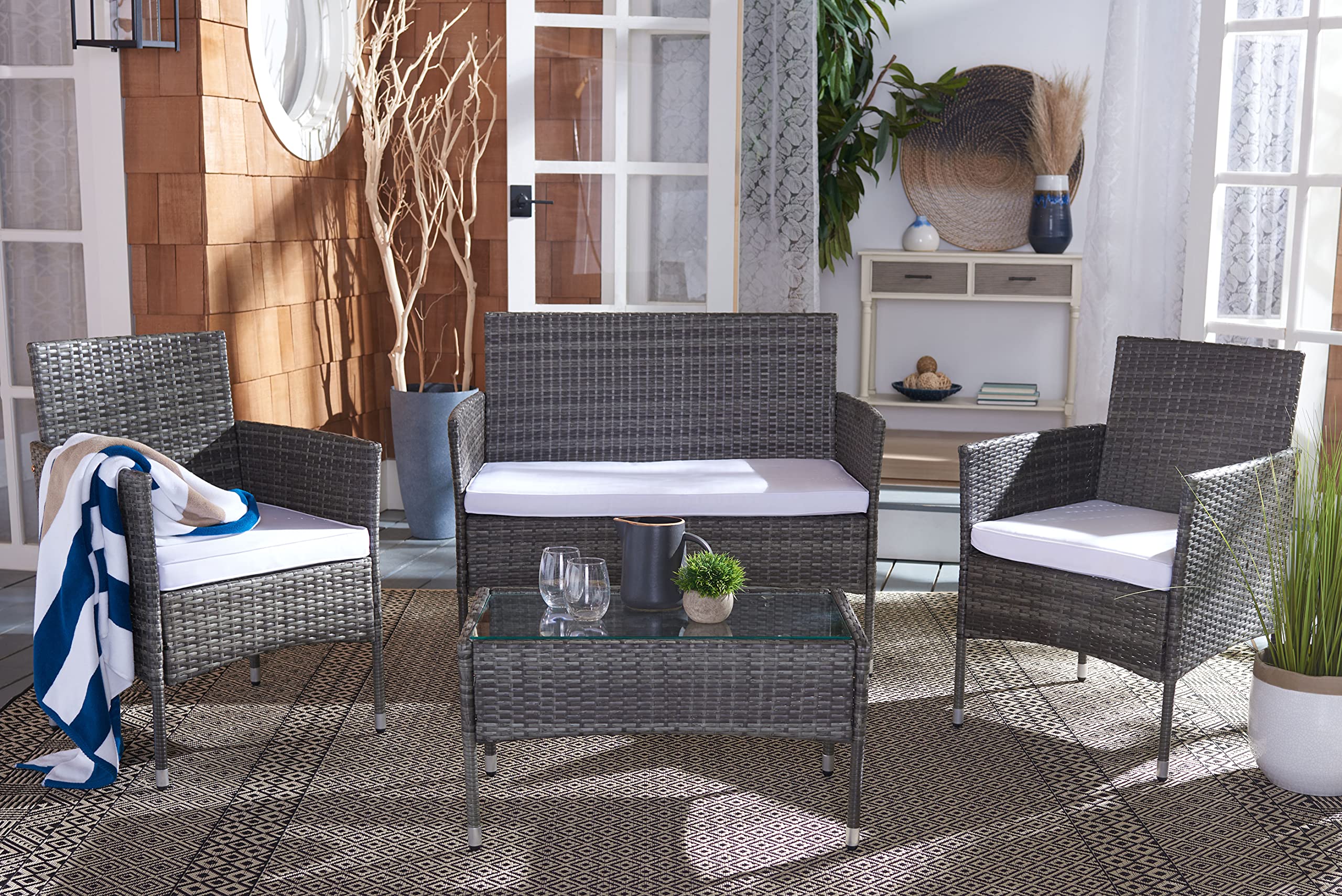 SAFAVIEH Outdoor Collection Abdul Grey/Brown & White 4-Piece Patio Conversation Set with Cushions (PAT7504C) - Perfect for Backyard, Garden, Poolside & Outdoor Lounge Areas