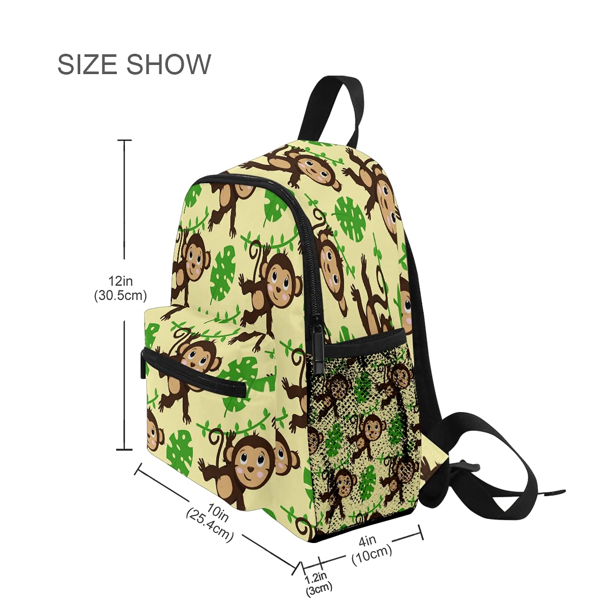 Monkey Leaf Print Kids Backpack for Boys & Girls - Durable Toddler Bookbag for Elementary School, Kindergarten & Preschool - Lightweight Travel Backpack with Adjustable Chest Strap (10x4x12 Inches) - Perfect for School, Daycare, Field Trips & Family Outings