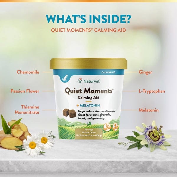 NaturVet Quiet Moments Calming Aid Plus Melatonin Soft Chews for Dogs - Anxiety Relief & Stress Support - Perfect for Travel, Storms & Vet Visits