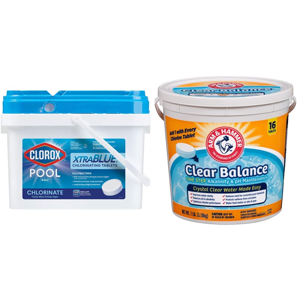 Clorox Pool & Spa XtraBlue 3-Inch Long Lasting Chlorine Tablets 25 lb + Arm & Hammer Clear Balance Pool Maintenance Tablets 16 Count - Swimming Pool Water Treatment & Maintenance for Crystal Clear Water