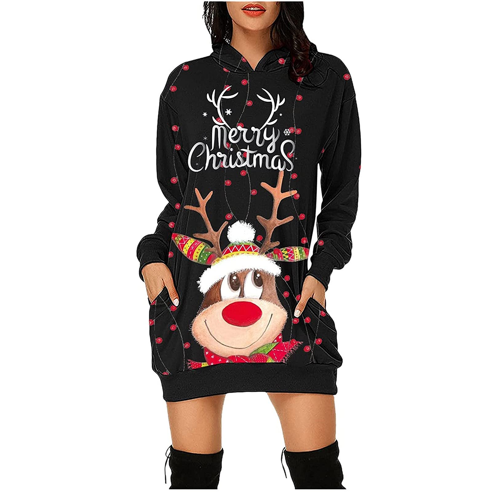 Women's Cute Santa & Elk Print Christmas Hoodie Dress - Long Sleeve Plus Size Hooded Sweatshirt Dress with Pocket | Holiday Party, Family Gathering, Winter Outfit