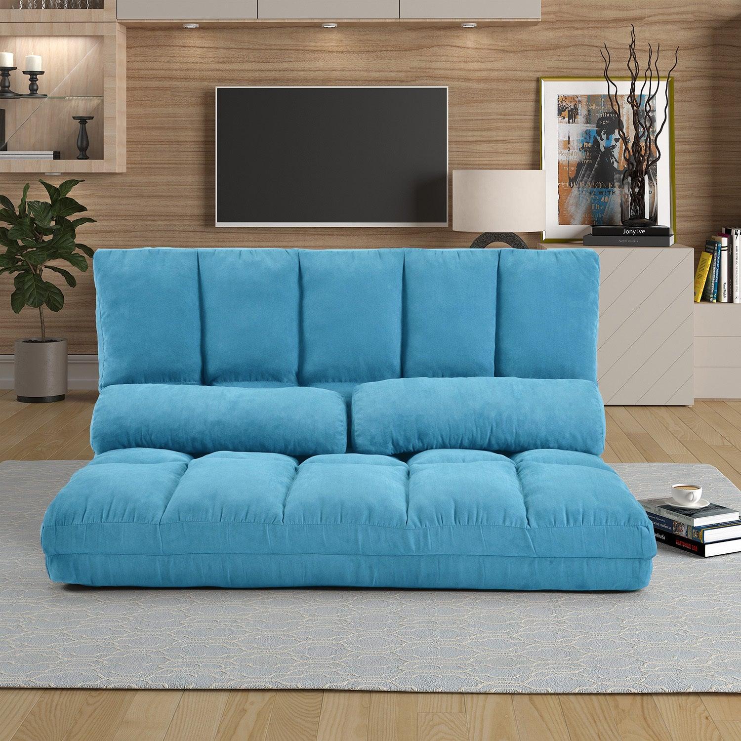 Double Chaise Lounge Sofa - Floor Couch with 2 Pillows, Blue - Perfect for Living Room, Bedroom & Home Theater Relaxation
