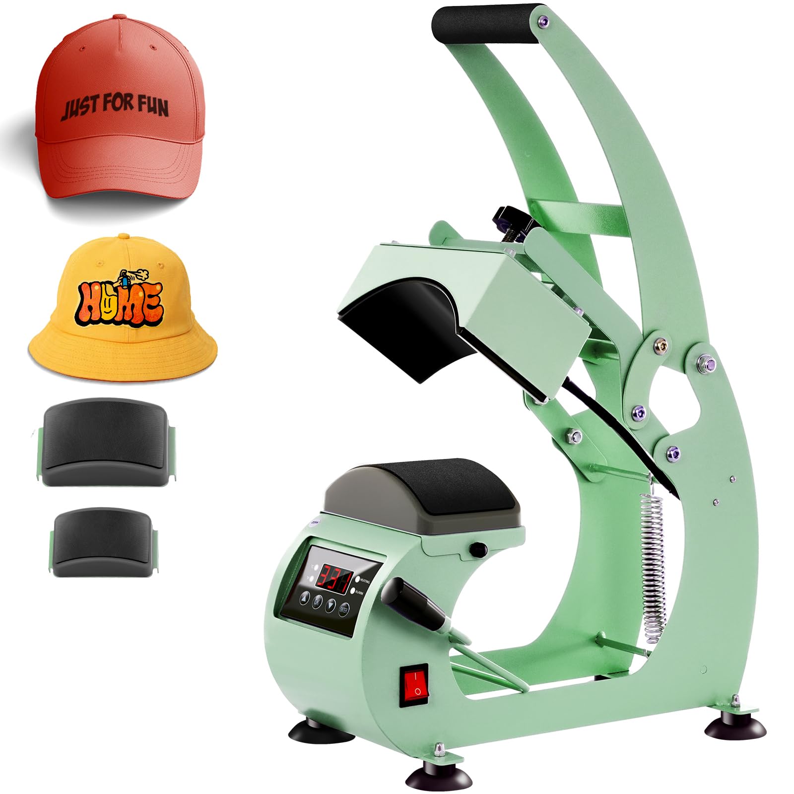 Professional Hat Press Machine with LCD Control - 2 Interchangeable Platens & Caps Stretcher for Vinyl, Sublimation & Heat Transfer (Green) - Perfect for Custom Hat Printing, DIY Crafts & Small Business Apparel Decoration