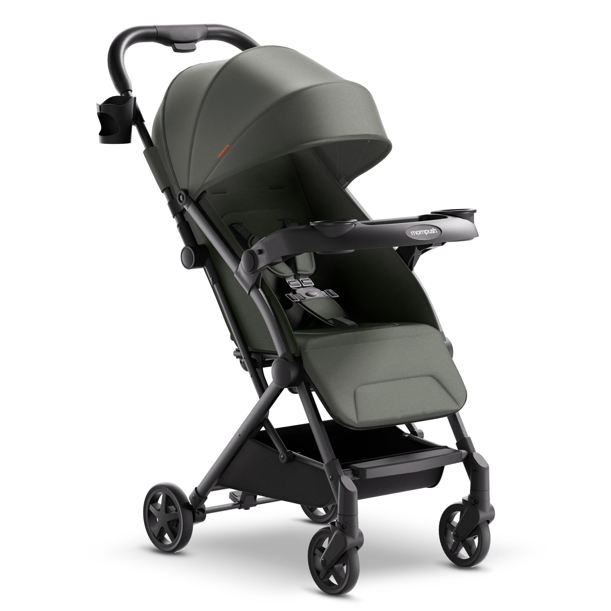 Mompush Lithe V2 Lightweight Compact Travel Stroller with Snack Tray - Ultra Foldable, Airplane Approved Baby Stroller with Near Flat Recline, Cup Holder, Rain Cover & Travel Bag - Perfect for Air Travel, City Walks and Daily Outings with Baby