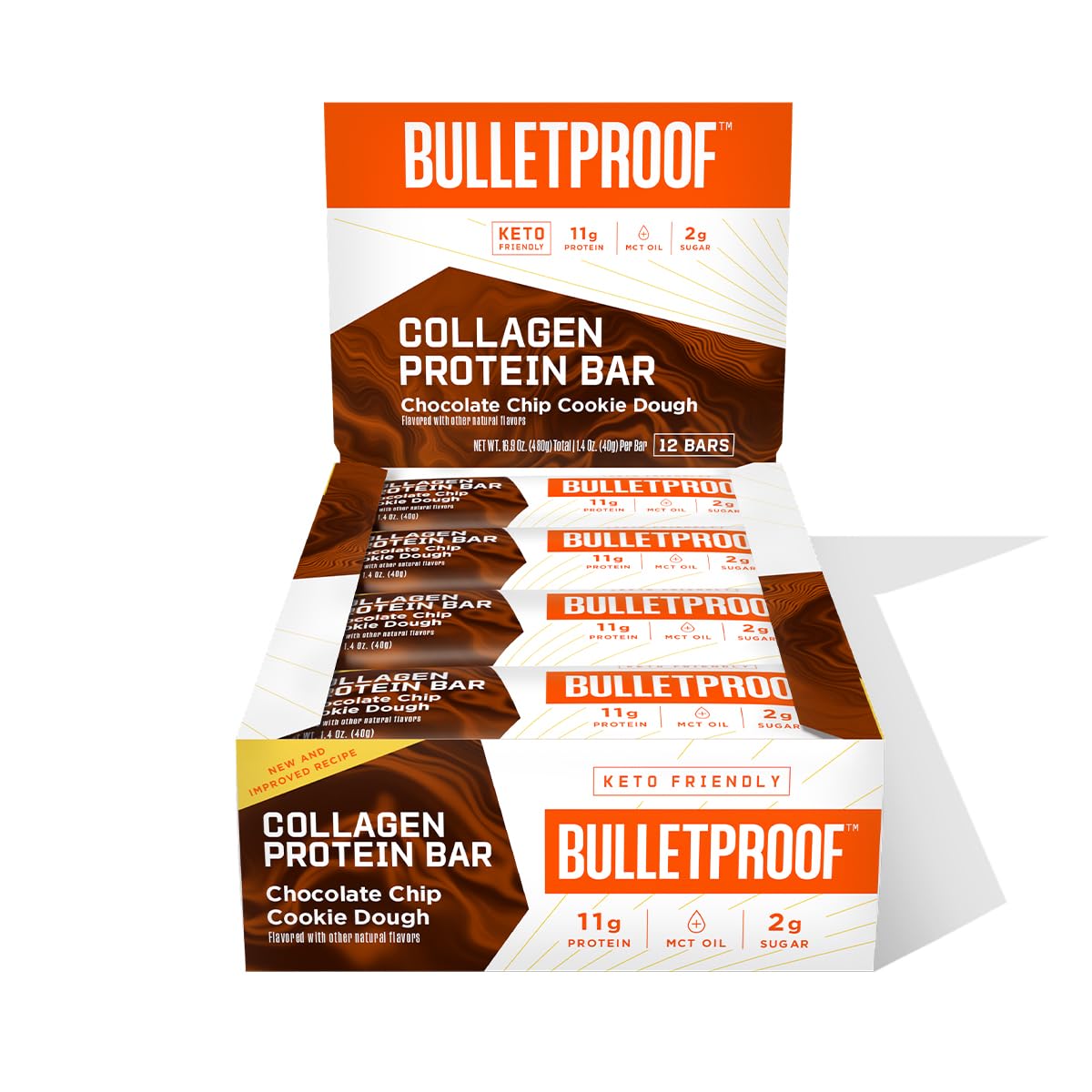 Keto-Friendly Bulletproof Chocolate Chip Cookie Dough Collagen Protein Bars - Pack of 12 | Grass-Fed Collagen, MCT Oil, No Added Sugar | Perfect for Post-Workout Recovery & Low-Carb Snacking
