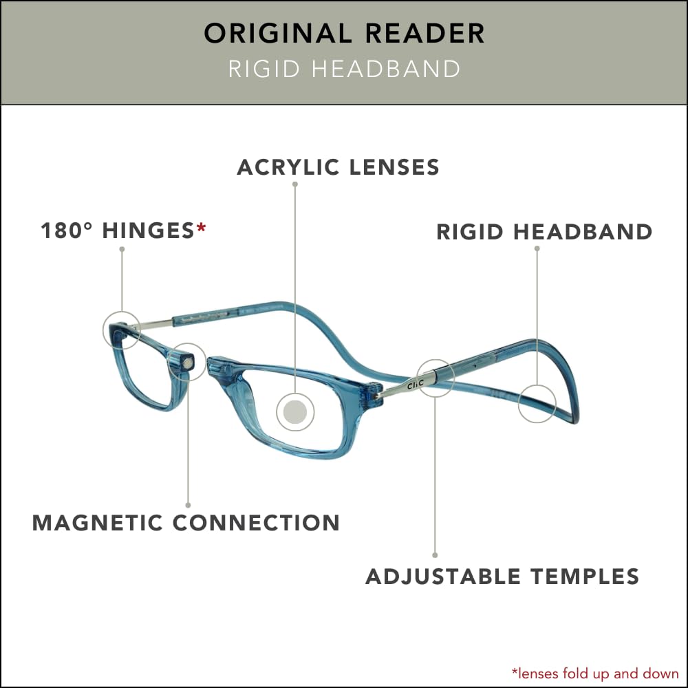 Clic Magnetic Reading Glasses for Men & Women - Lightweight Computer Glasses with Spring Hinges - Small/Medium Size - Perfect for Reading, Office Work & Screen Time