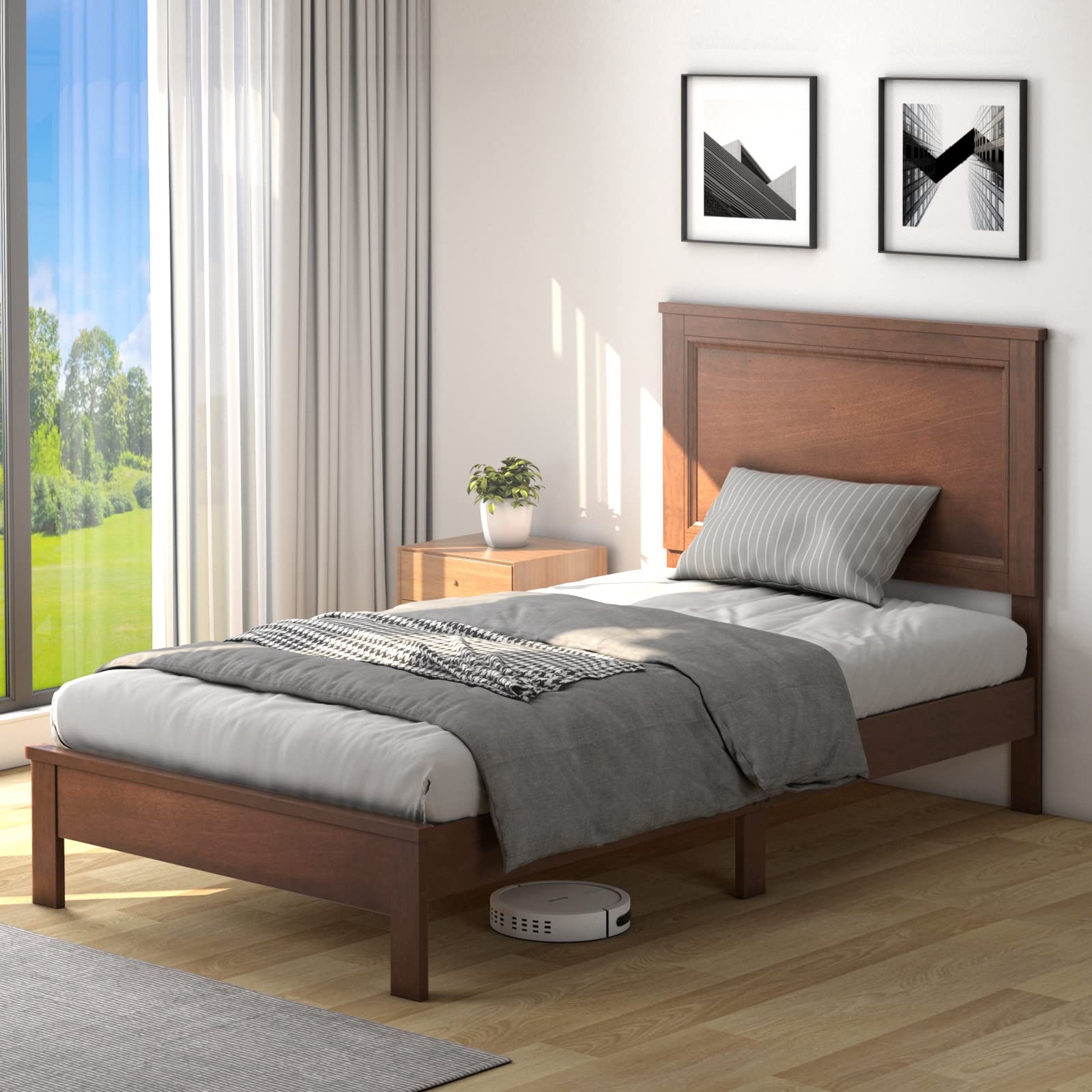 KOMFOTT Twin Size Wood Platform Bed Frame with Headboard - Mid Century Modern Walnut Bed with Slat Support & Under Bed Storage - No Box Spring Needed - Perfect for Small Bedrooms, Guest Rooms & Dorm Rooms