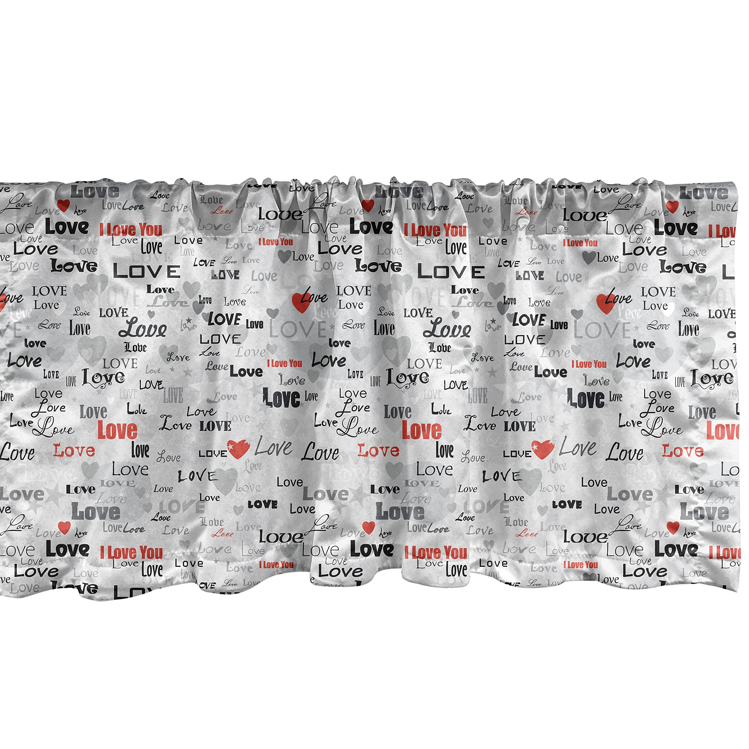 Ambesonne Valentine's Window Valance - Romantic 'I Love You' Print on Grey Heart Pattern - 54x12 Inch Kitchen & Bedroom Curtain Valance with Rod Pocket (Pale Grey/Scarlet/Black) - Perfect for Valentine's Day Decor & Anniversary Gift Ideas