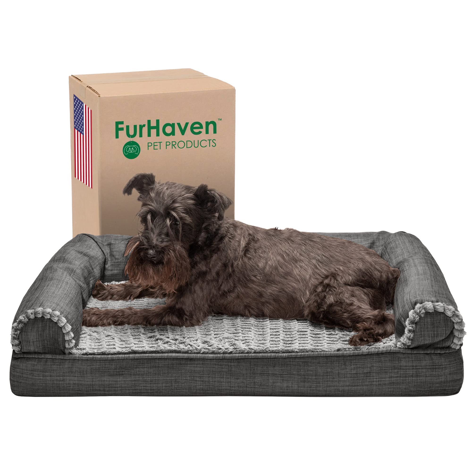 Furhaven Cooling Gel Dog Bed for Small & Medium Dogs - Removable Bolsters & Washable Cover - Supports Pets Up to 35 lbs - Luxe Faux Fur & Performance Linen Sofa Style - Charcoal Color - Medium Size - Perfect for Hot Weather & Indoor Pet Comfort