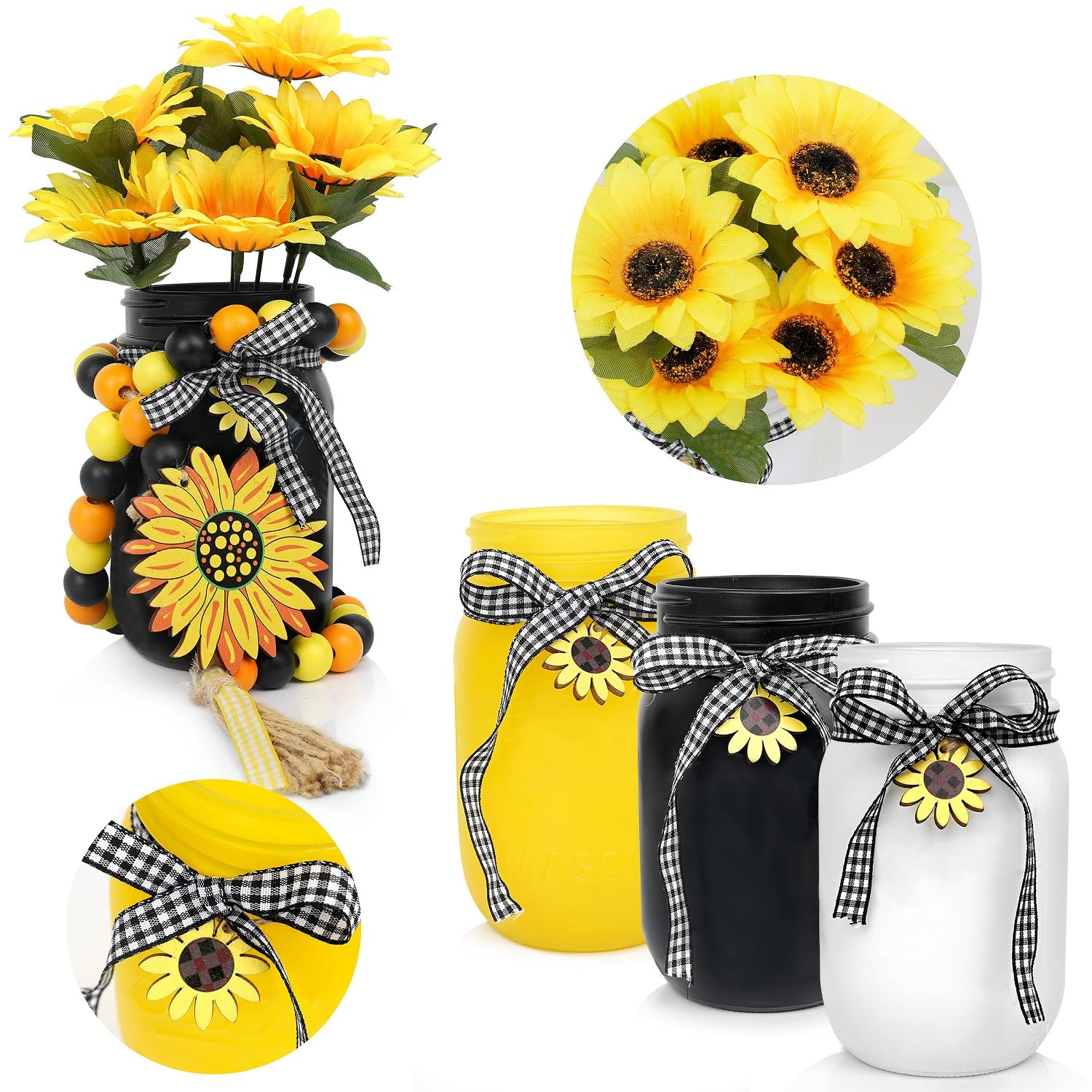Sunflower Decor for Kitchen & Home - Rustic Farmhouse Mason Jar Centerpiece, Summer Tier Tray Decorations | Perfect for Farmhouse Style Kitchens, Dining Tables & Seasonal Home Decor